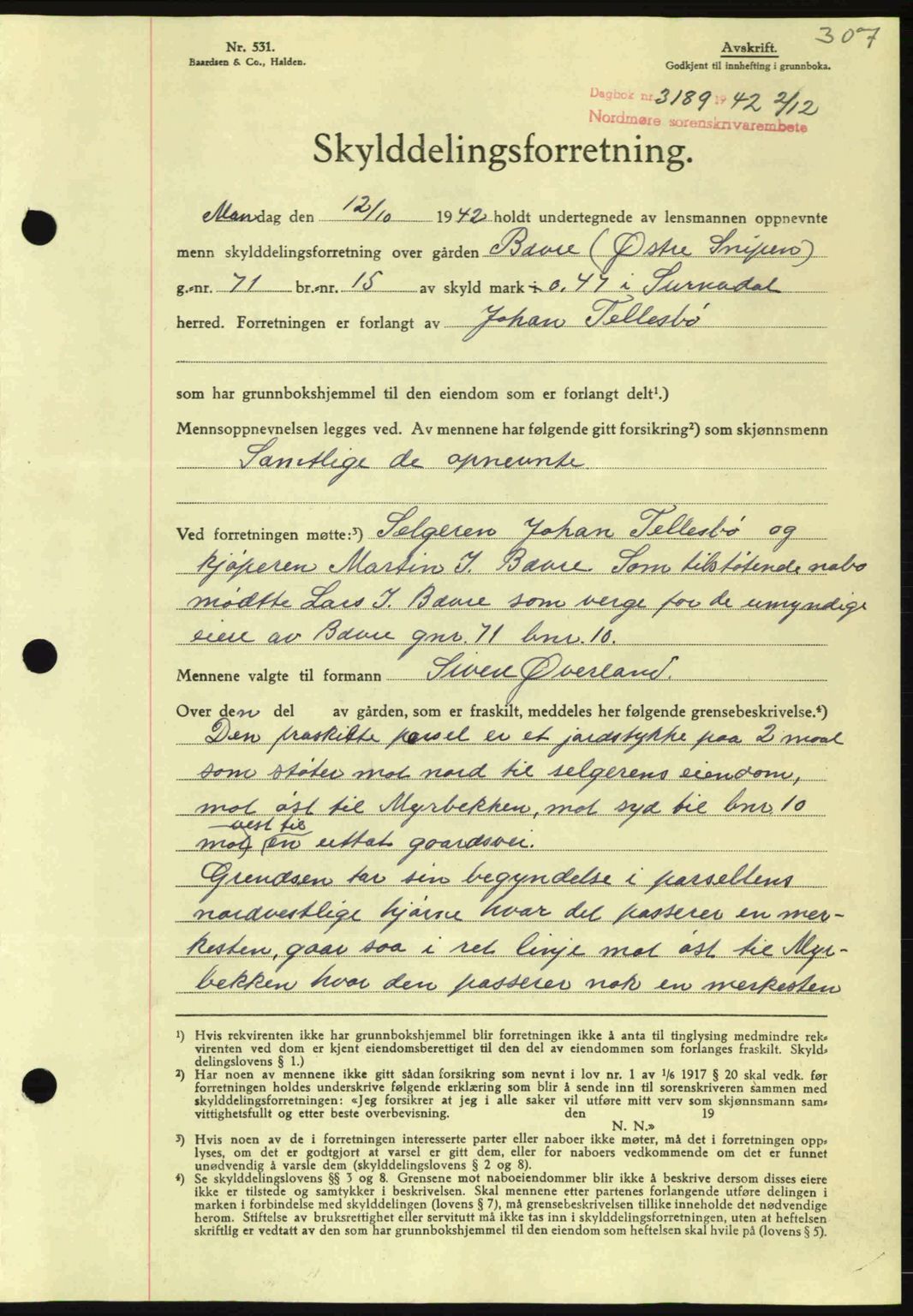 Nordmøre sorenskriveri, AV/SAT-A-4132/1/2/2Ca: Pantebok nr. A94, 1942-1943, Dagboknr: 3189/1942