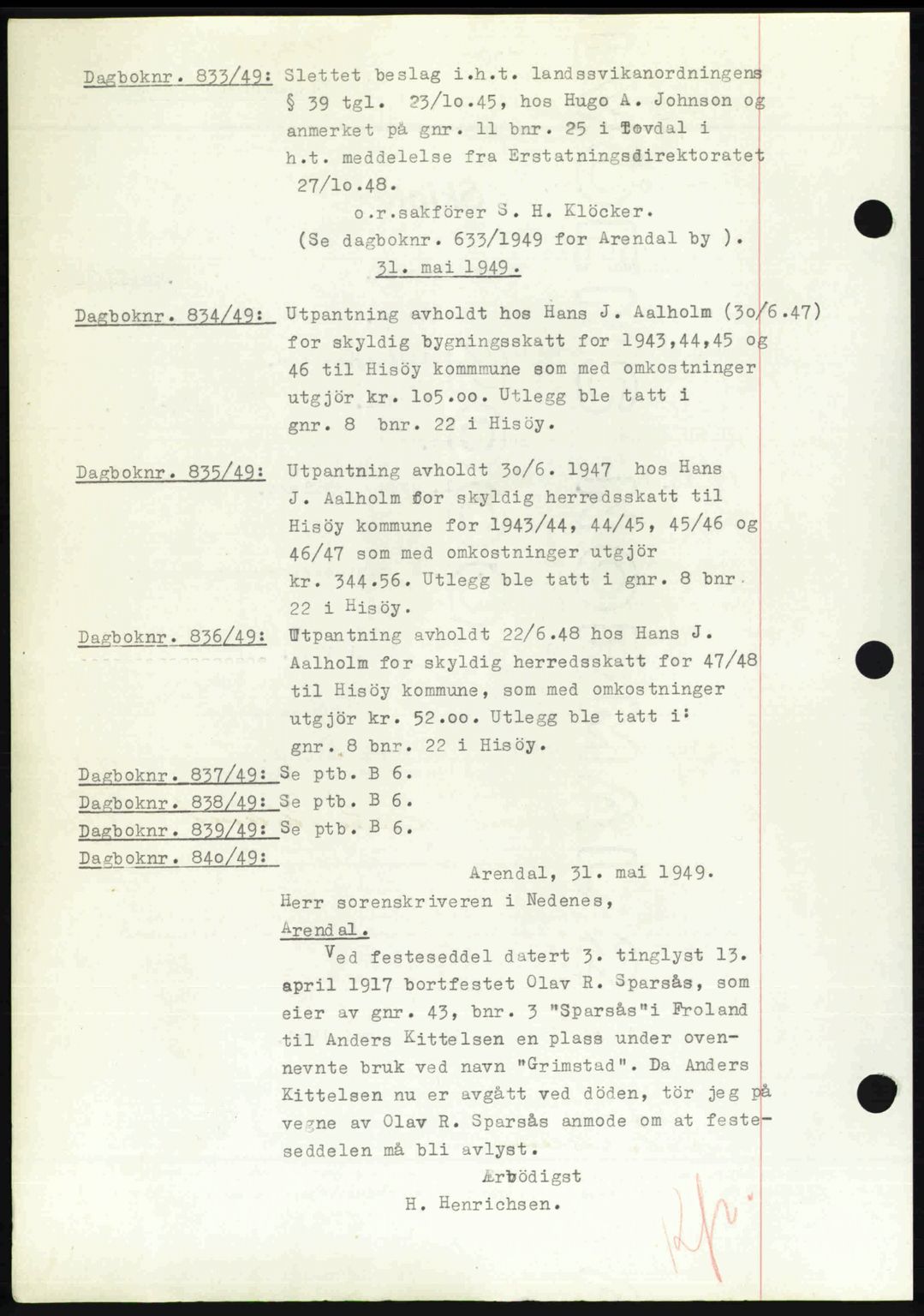 Nedenes sorenskriveri, AV/SAK-1221-0006/G/Gb/Gba/L0060: Pantebok nr. A12, 1948-1949, Dagboknr: 833/1949