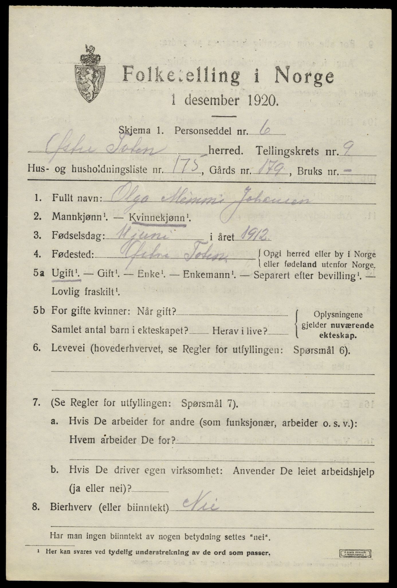 SAH, Folketelling 1920 for 0528 Østre Toten herred, 1920, s. 20352