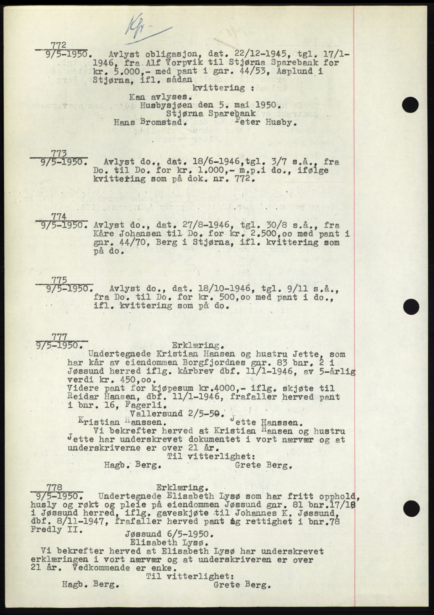 Fosen sorenskriveri, AV/SAT-A-1107/1/2/2C: Pantebok nr. B3, 1948-1950, Dagboknr: 772/1950