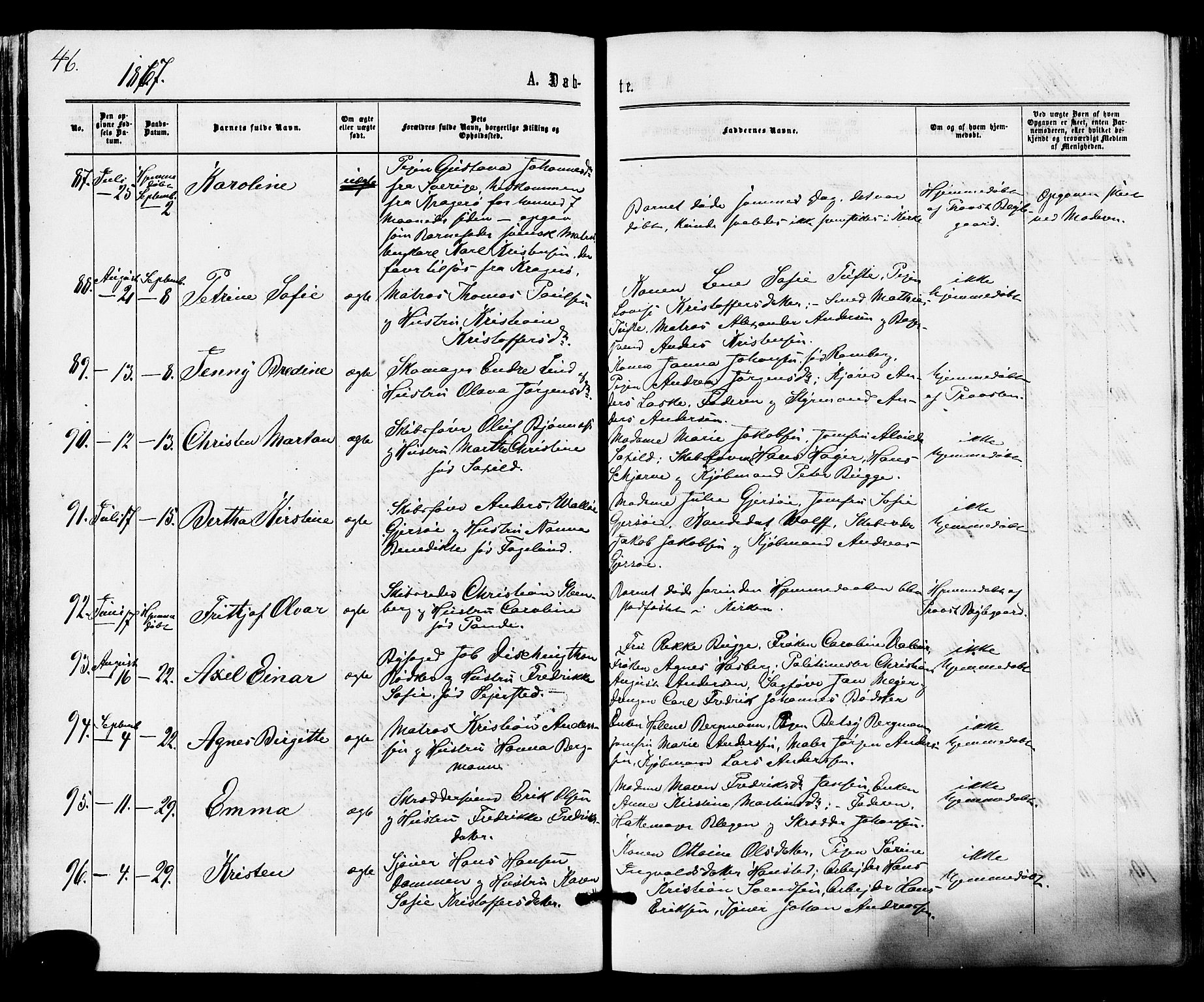 Tønsberg kirkebøker, AV/SAKO-A-330/F/Fa/L0009: Ministerialbok nr. I 9, 1865-1873, s. 46