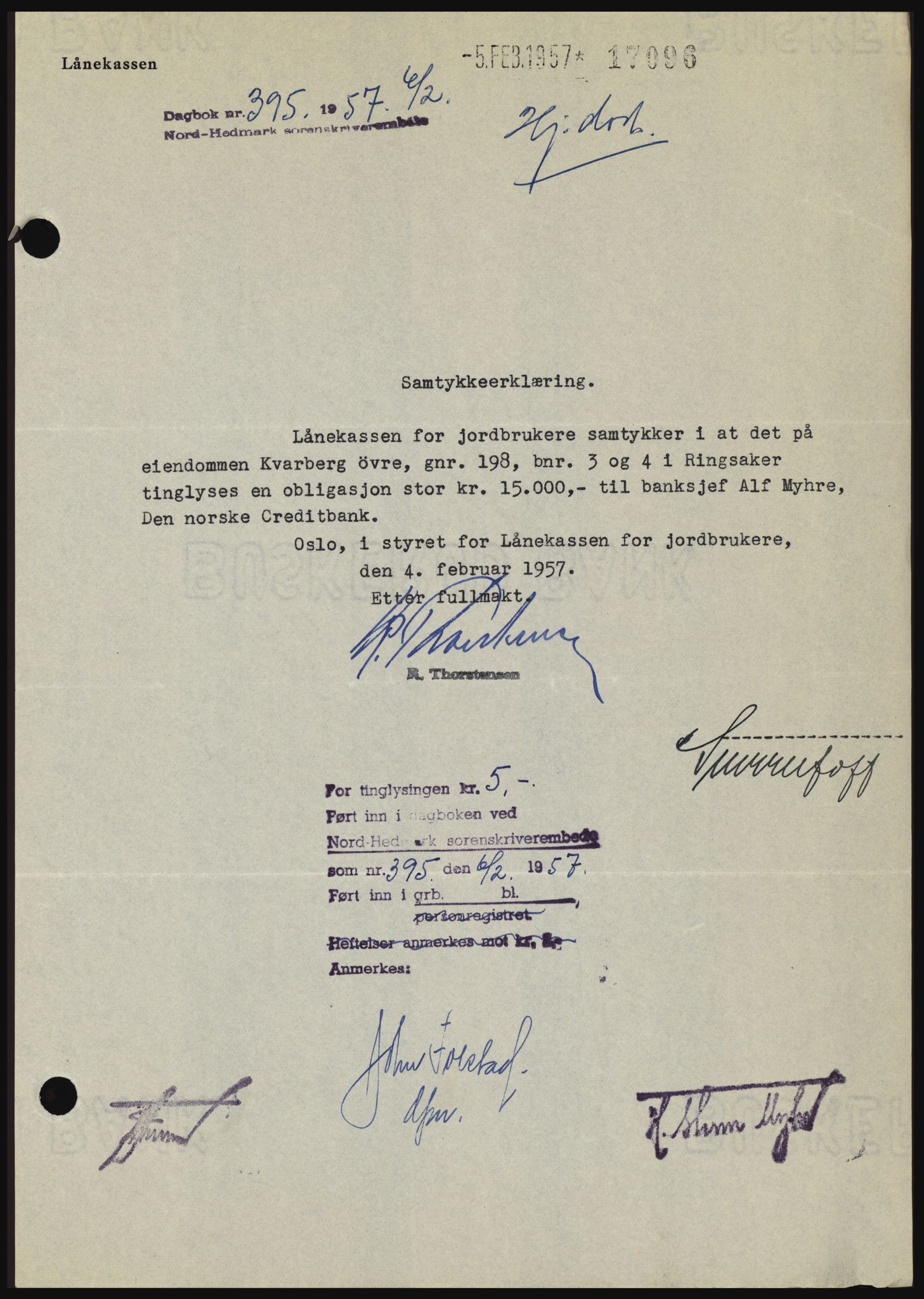 Nord-Hedmark sorenskriveri, SAH/TING-012/H/Hc/L0011: Pantebok nr. 11, 1956-1957, Dagboknr: 395/1957