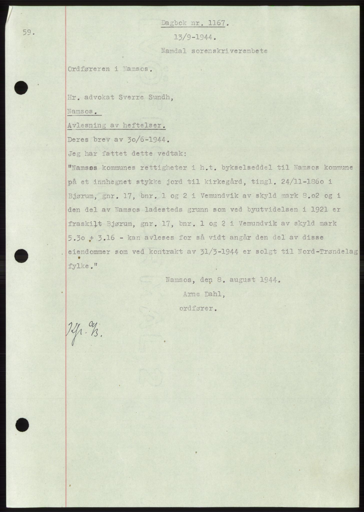 Namdal sorenskriveri, SAT/A-4133/1/2/2C: Pantebok nr. -, 1944-1945, Dagboknr: 1167/1944