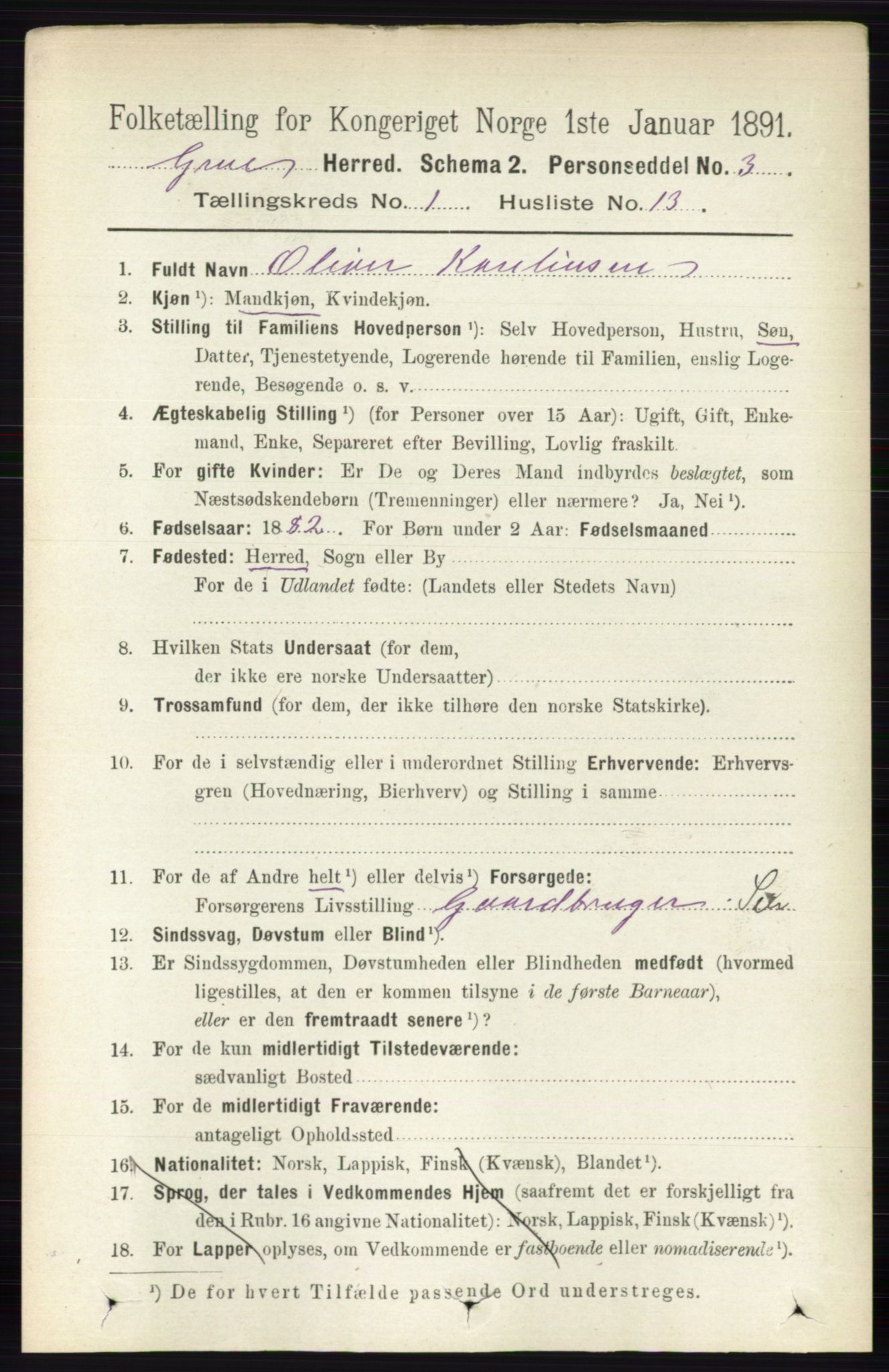 RA, Folketelling 1891 for 0423 Grue herred, 1891, s. 268