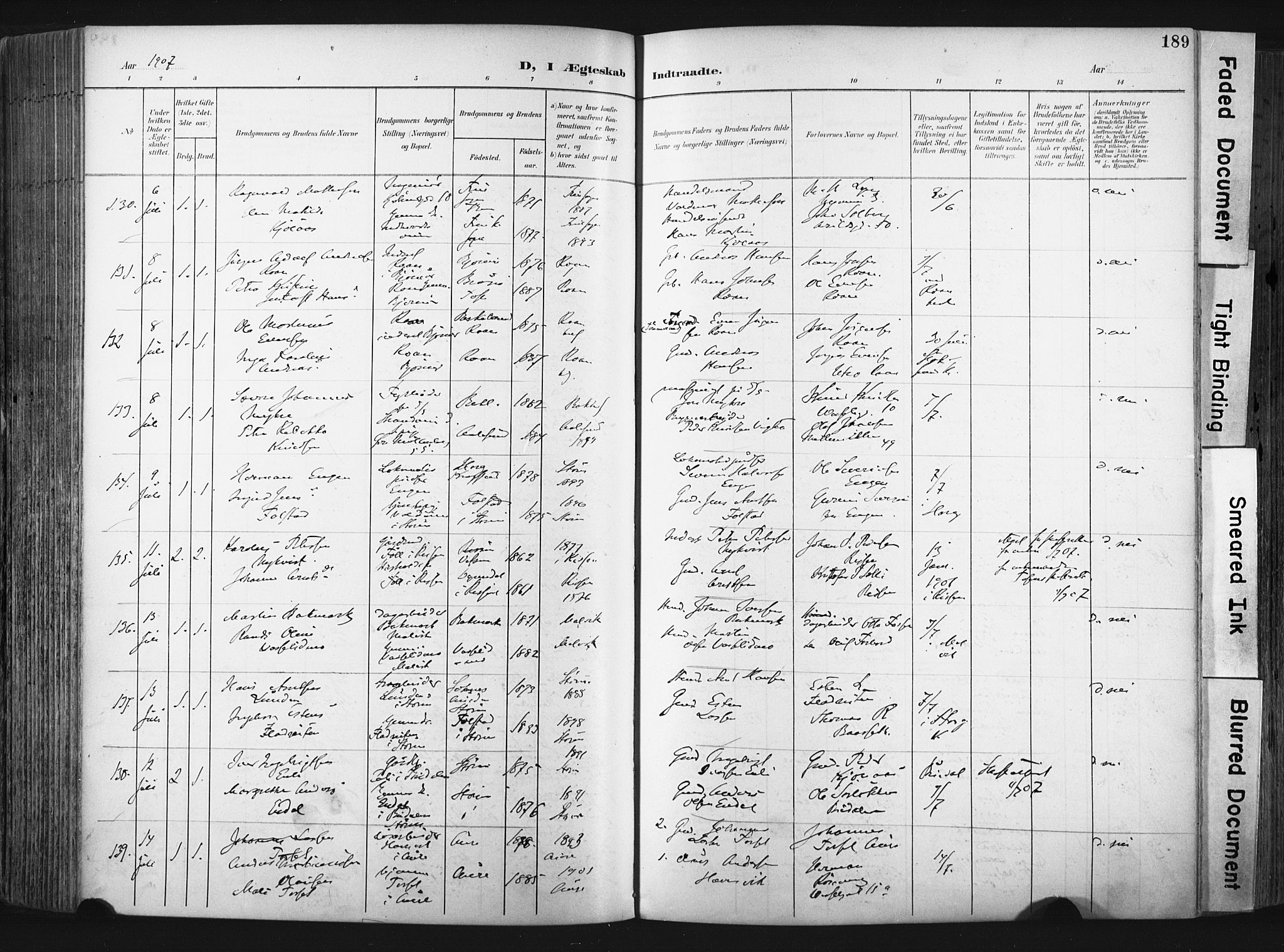 Ministerialprotokoller, klokkerbøker og fødselsregistre - Sør-Trøndelag, SAT/A-1456/604/L0201: Ministerialbok nr. 604A21, 1901-1911, s. 189