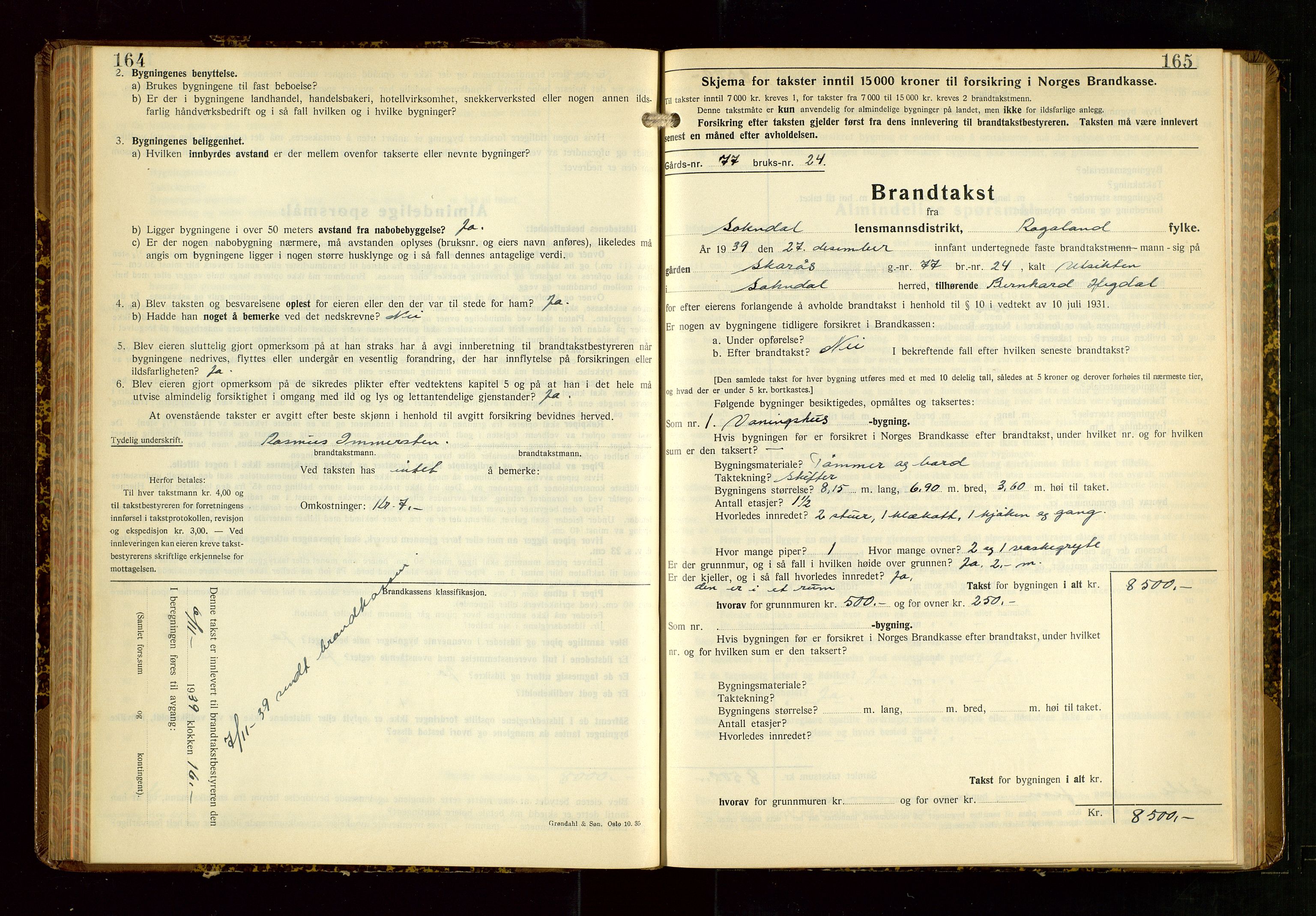Sokndal lensmannskontor, SAST/A-100417/Gob/L0008: "Brandtakst-Protokoll", 1937-1955, s. 164-165