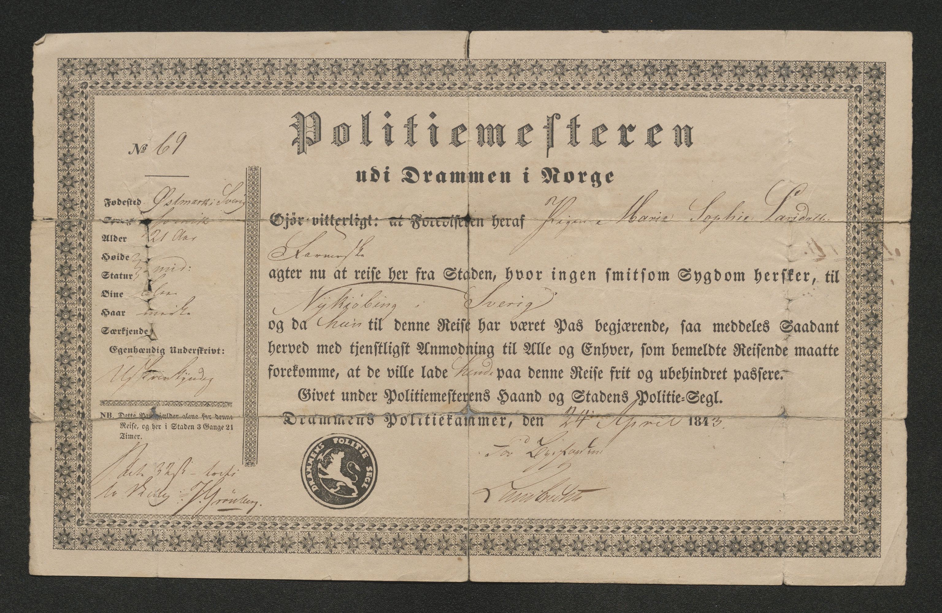 Drammen politikammer, AV/SAKO-A-623/I/Ia/Iab/L0007: Innleverte pass, 1843-1844, s. 484