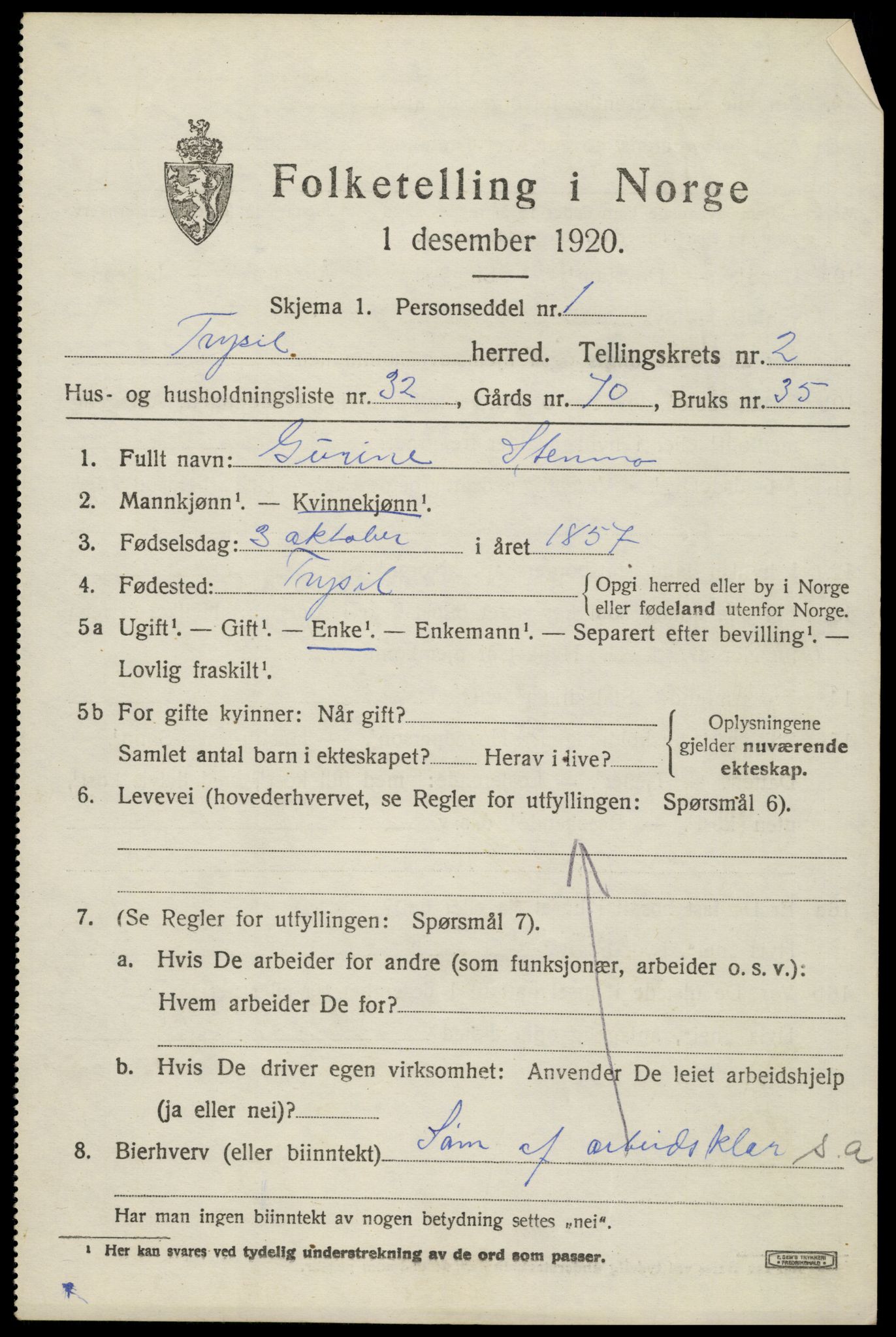 SAH, Folketelling 1920 for 0428 Trysil herred, 1920, s. 3469