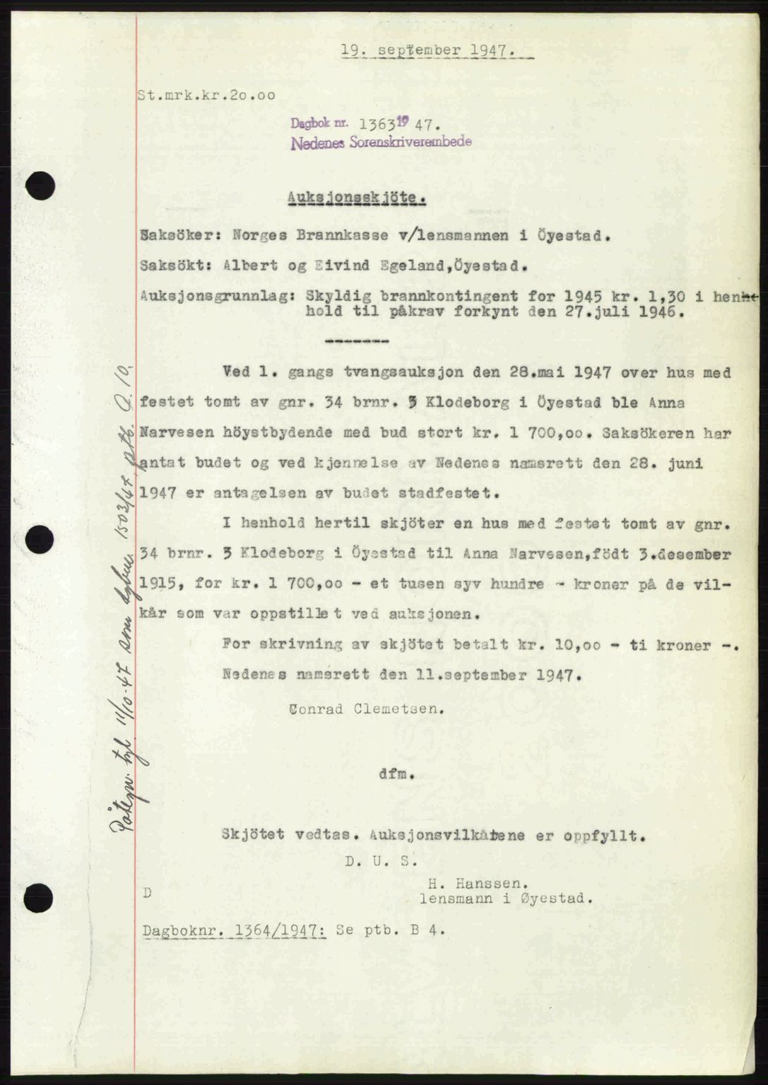 Nedenes sorenskriveri, AV/SAK-1221-0006/G/Gb/Gba/L0058: Pantebok nr. A10, 1947-1948, Dagboknr: 1363/1947
