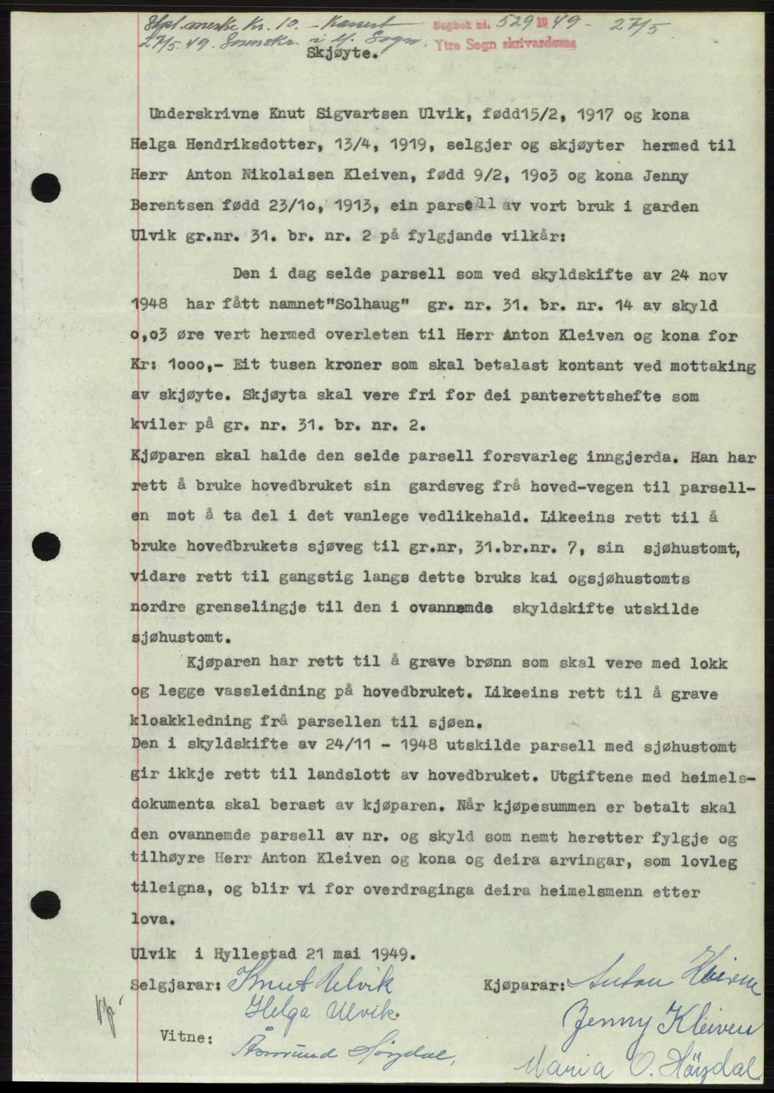 Ytre Sogn tingrett, SAB/A-2601/1/G/Gbb/L0007: Pantebok nr. A4 - A5 (B3), 1949-1949, Dagboknr: 529/1949