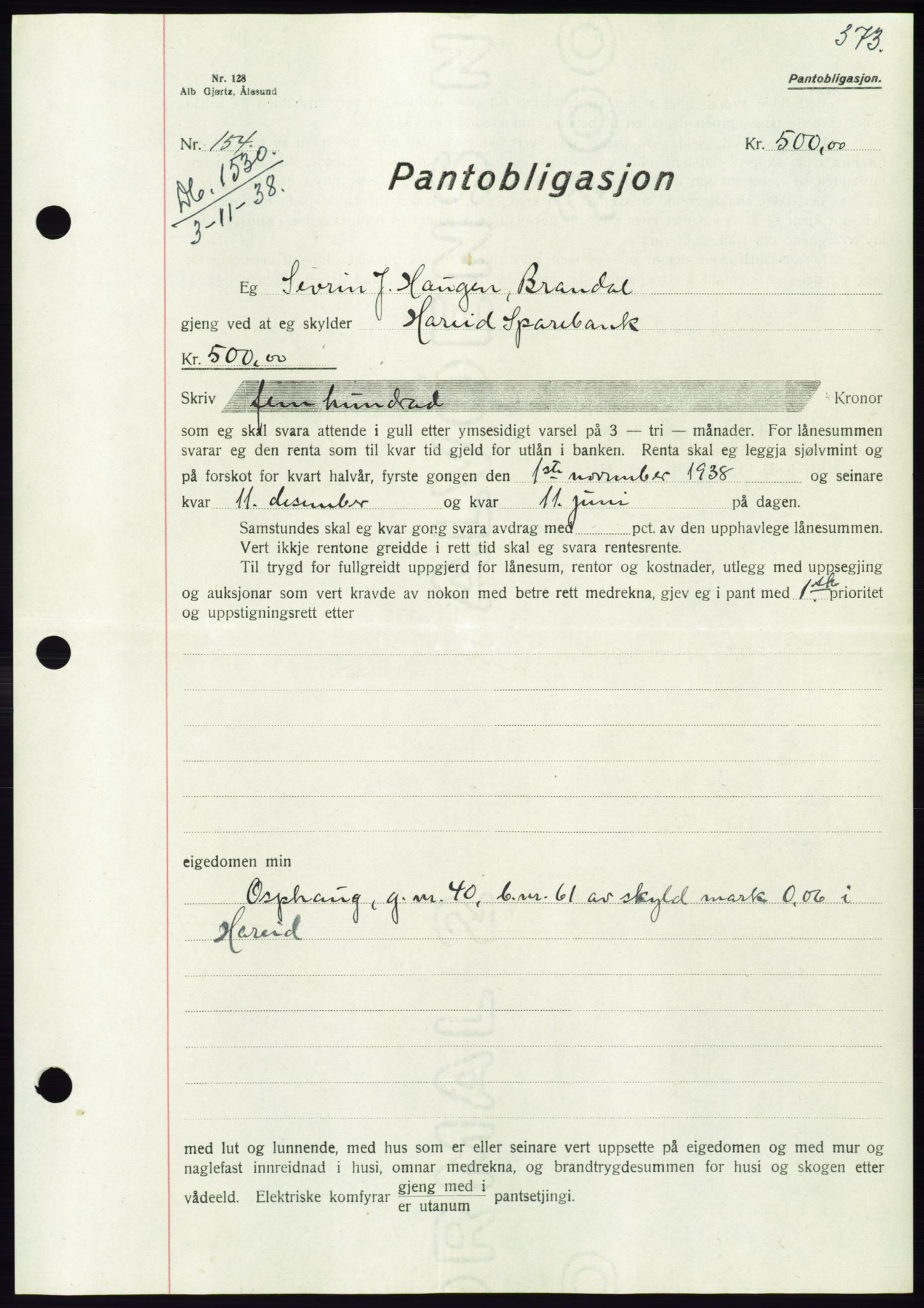 Søre Sunnmøre sorenskriveri, AV/SAT-A-4122/1/2/2C/L0066: Pantebok nr. 60, 1938-1938, Dagboknr: 1530/1938