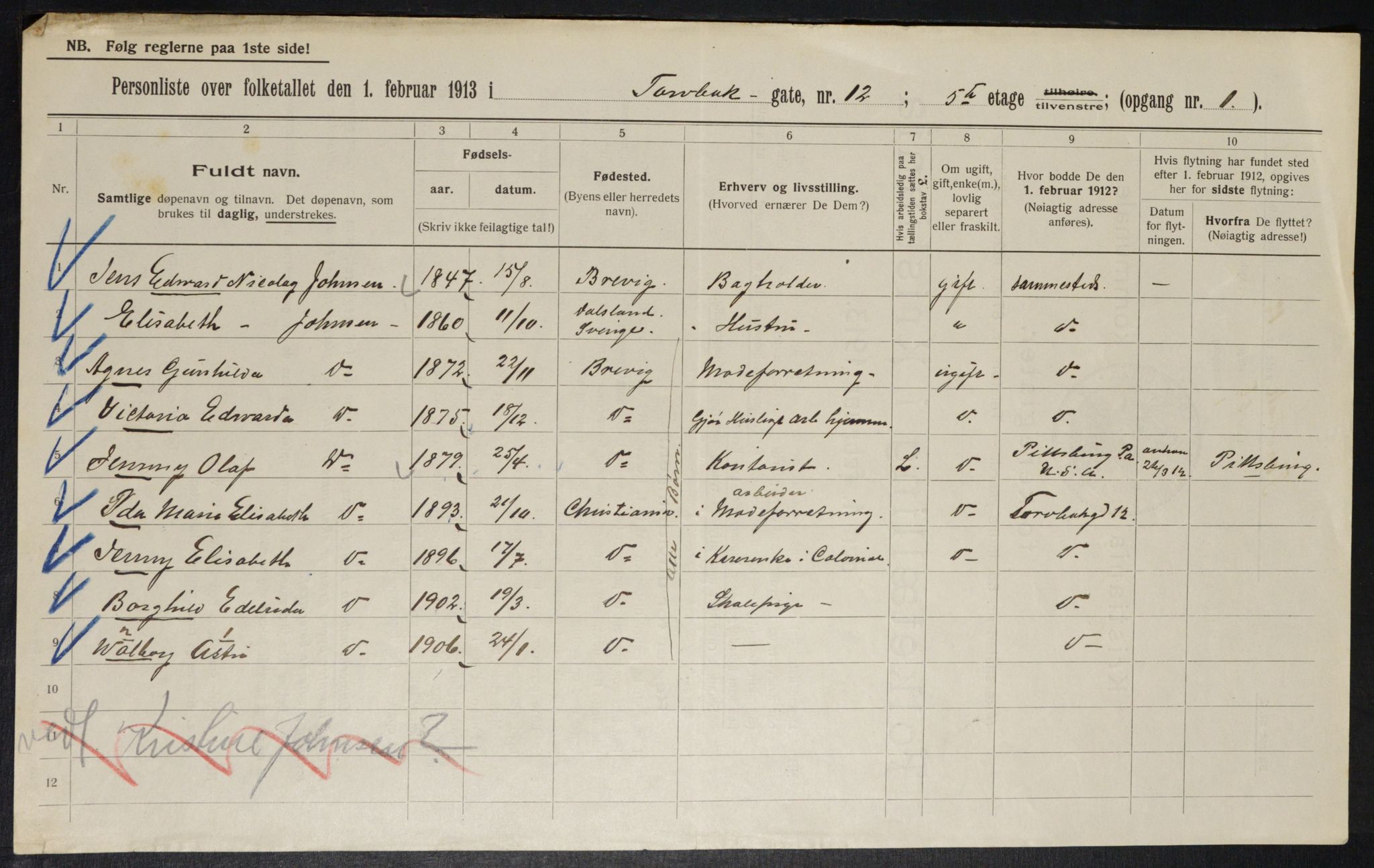 OBA, Kommunal folketelling 1.2.1913 for Kristiania, 1913, s. 115122