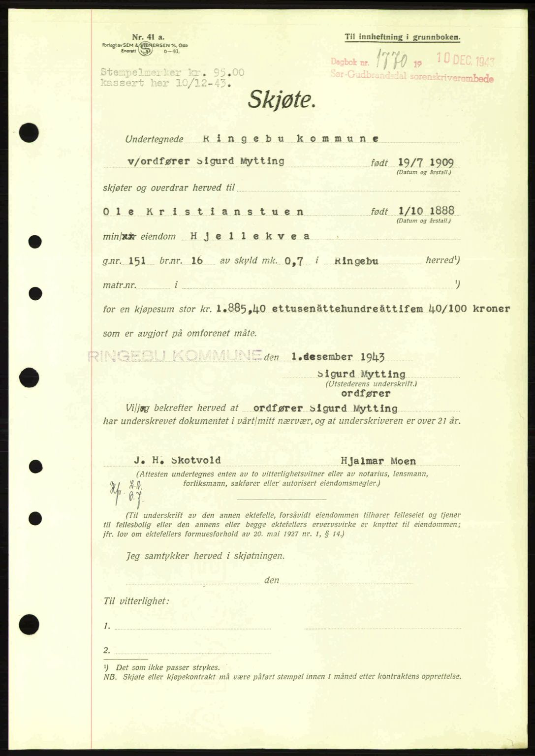 Sør-Gudbrandsdal tingrett, SAH/TING-004/H/Hb/Hbd/L0012: Pantebok nr. A12, 1943-1944, Dagboknr: 1770/1943