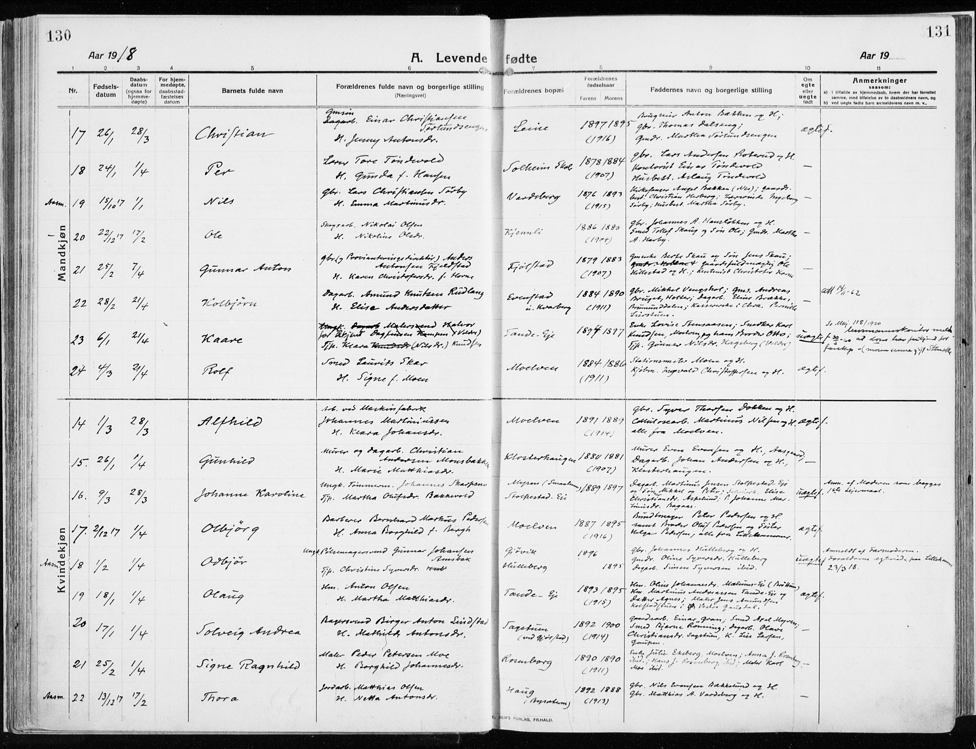 Ringsaker prestekontor, AV/SAH-PREST-014/K/Ka/L0020: Ministerialbok nr. 20, 1913-1922, s. 130-131