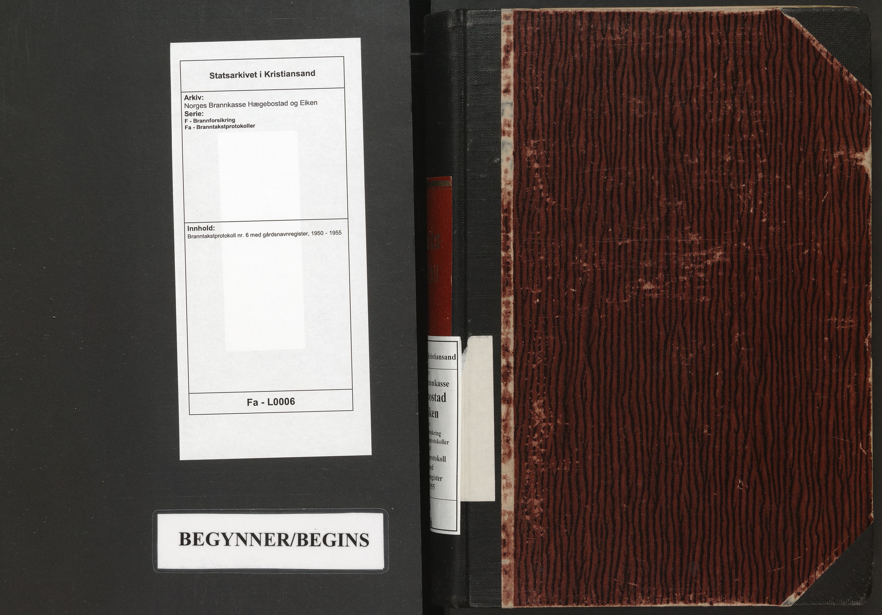 Norges Brannkasse Hægebostad og Eiken, SAK/2241-0027/F/Fa/L0006: Branntakstprotokoll nr. 6 med gårdsnavnregister, 1950-1955