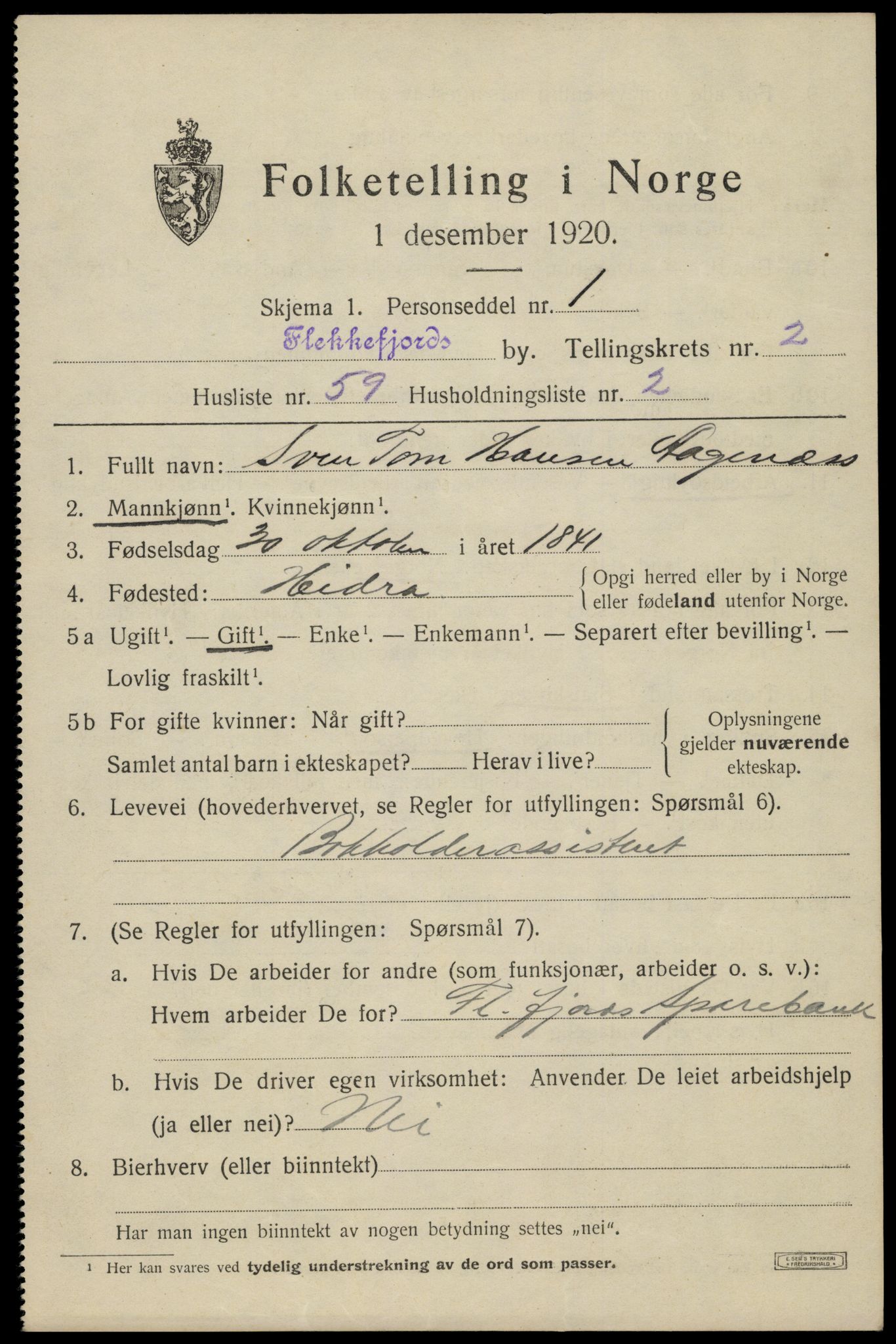 SAK, Folketelling 1920 for 1004 Flekkefjord kjøpstad, 1920, s. 3210