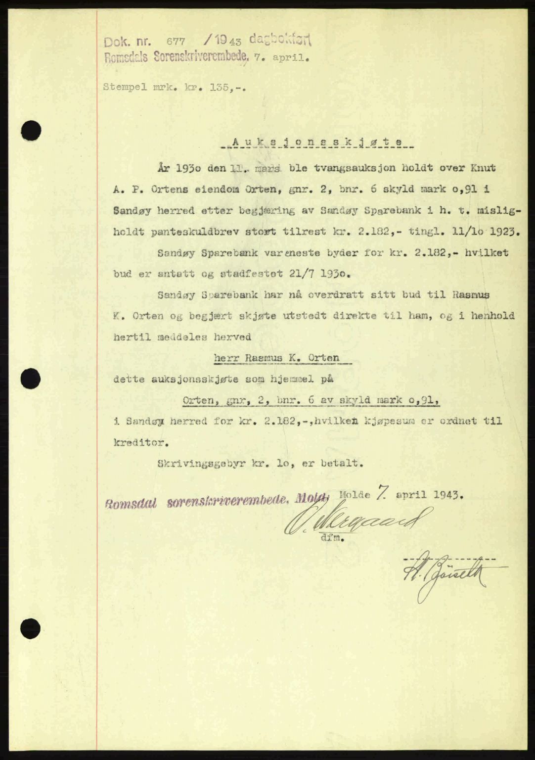 Romsdal sorenskriveri, SAT/A-4149/1/2/2C: Pantebok nr. A14, 1943-1943, Dagboknr: 677/1943