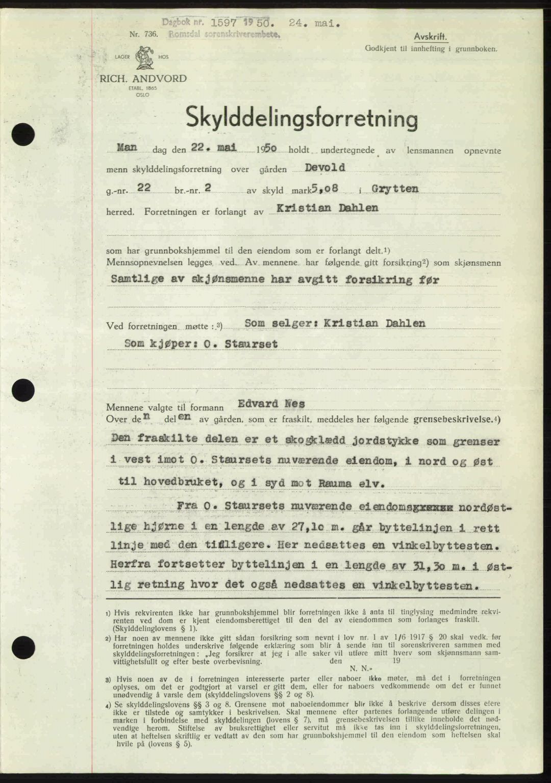 Romsdal sorenskriveri, SAT/A-4149/1/2/2C: Pantebok nr. A33, 1950-1950, Dagboknr: 1597/1950
