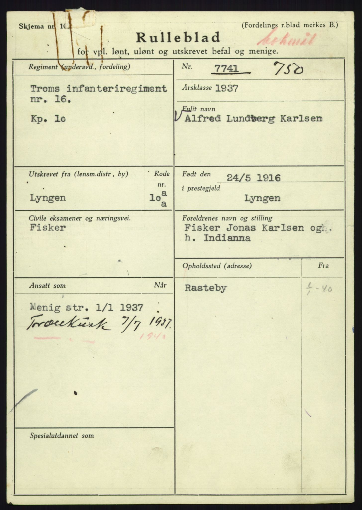 Forsvaret, Troms infanteriregiment nr. 16, AV/RA-RAFA-3146/P/Pa/L0021: Rulleblad for regimentets menige mannskaper, årsklasse 1937, 1937, s. 597