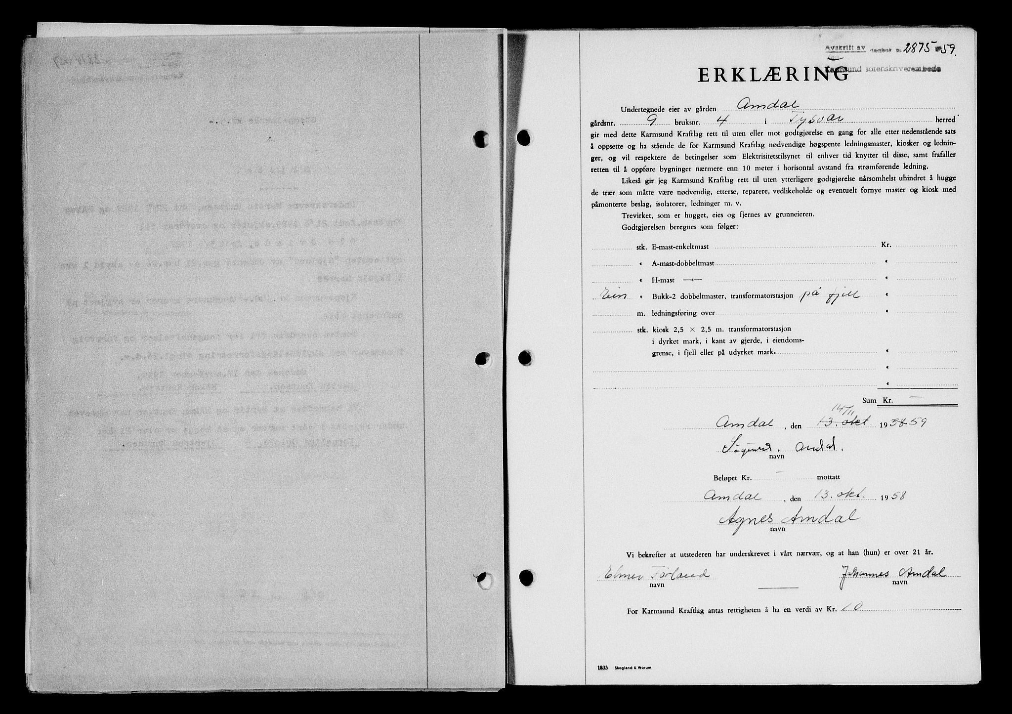Karmsund sorenskriveri, SAST/A-100311/01/II/IIB/L0132: Pantebok nr. 112A, 1959-1959, Dagboknr: 2875/1959