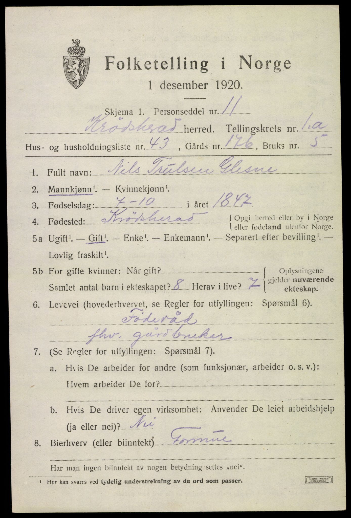 SAKO, Folketelling 1920 for 0622 Krødsherad herred, 1920, s. 1473