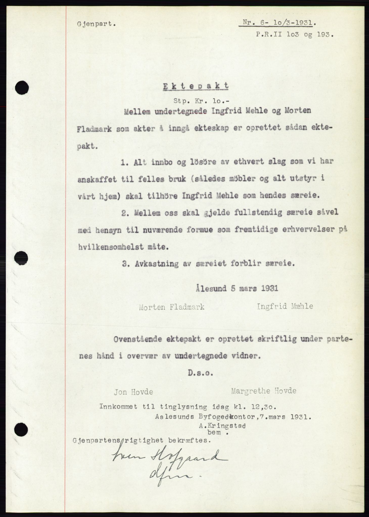 Ålesund byfogd, AV/SAT-A-4384: Pantebok nr. 27, 1930-1931, Tingl.dato: 10.03.1931