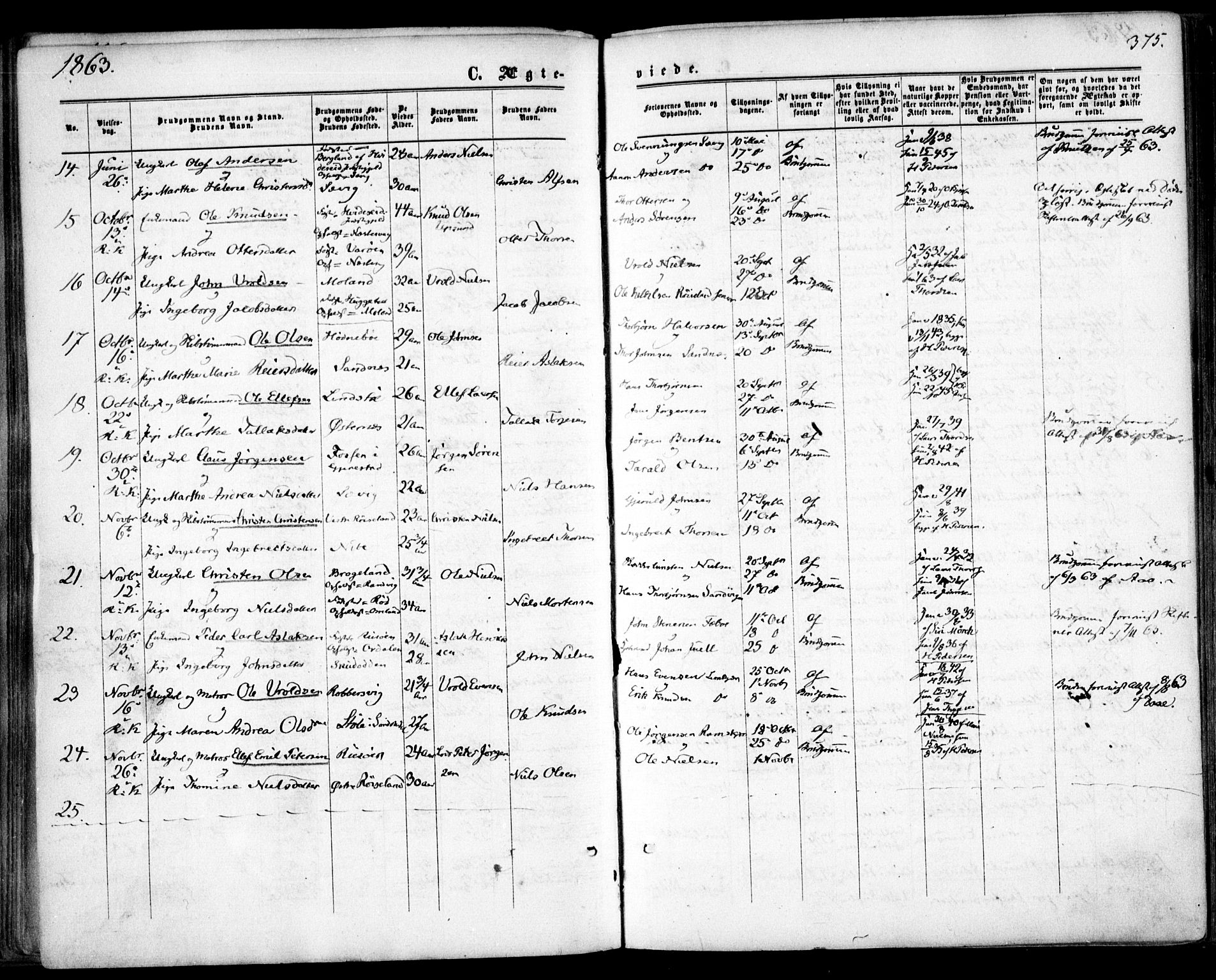 Søndeled sokneprestkontor, AV/SAK-1111-0038/F/Fa/L0003: Ministerialbok nr. A 3, 1861-1879, s. 375