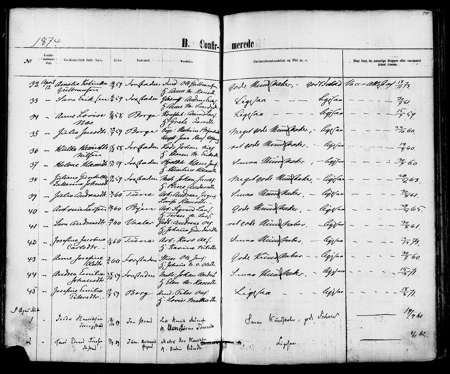 Fredrikstad domkirkes prestekontor Kirkebøker, AV/SAO-A-10906/F/Fa/L0001: Ministerialbok nr. 1, 1871-1878, s. 194