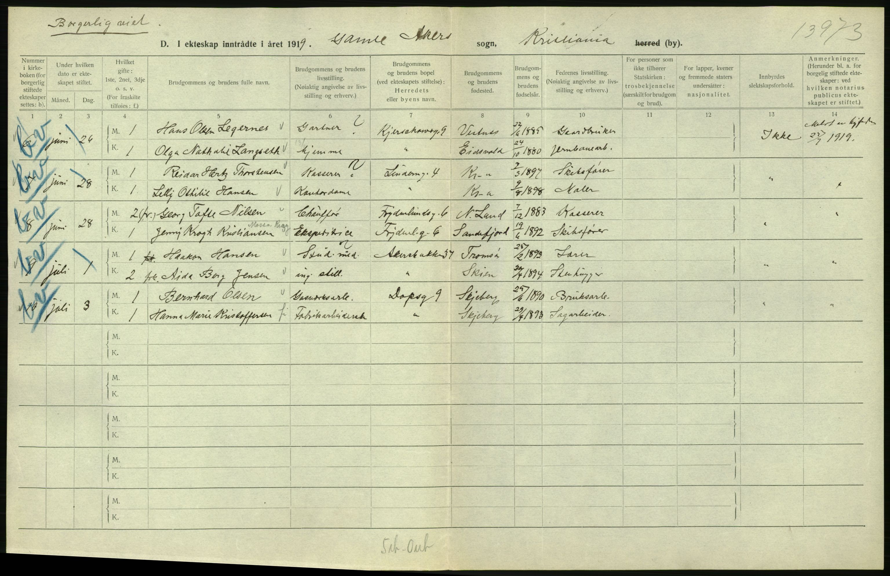 Statistisk sentralbyrå, Sosiodemografiske emner, Befolkning, AV/RA-S-2228/D/Df/Dfb/Dfbi/L0009: Kristiania: Gifte, 1919, s. 324