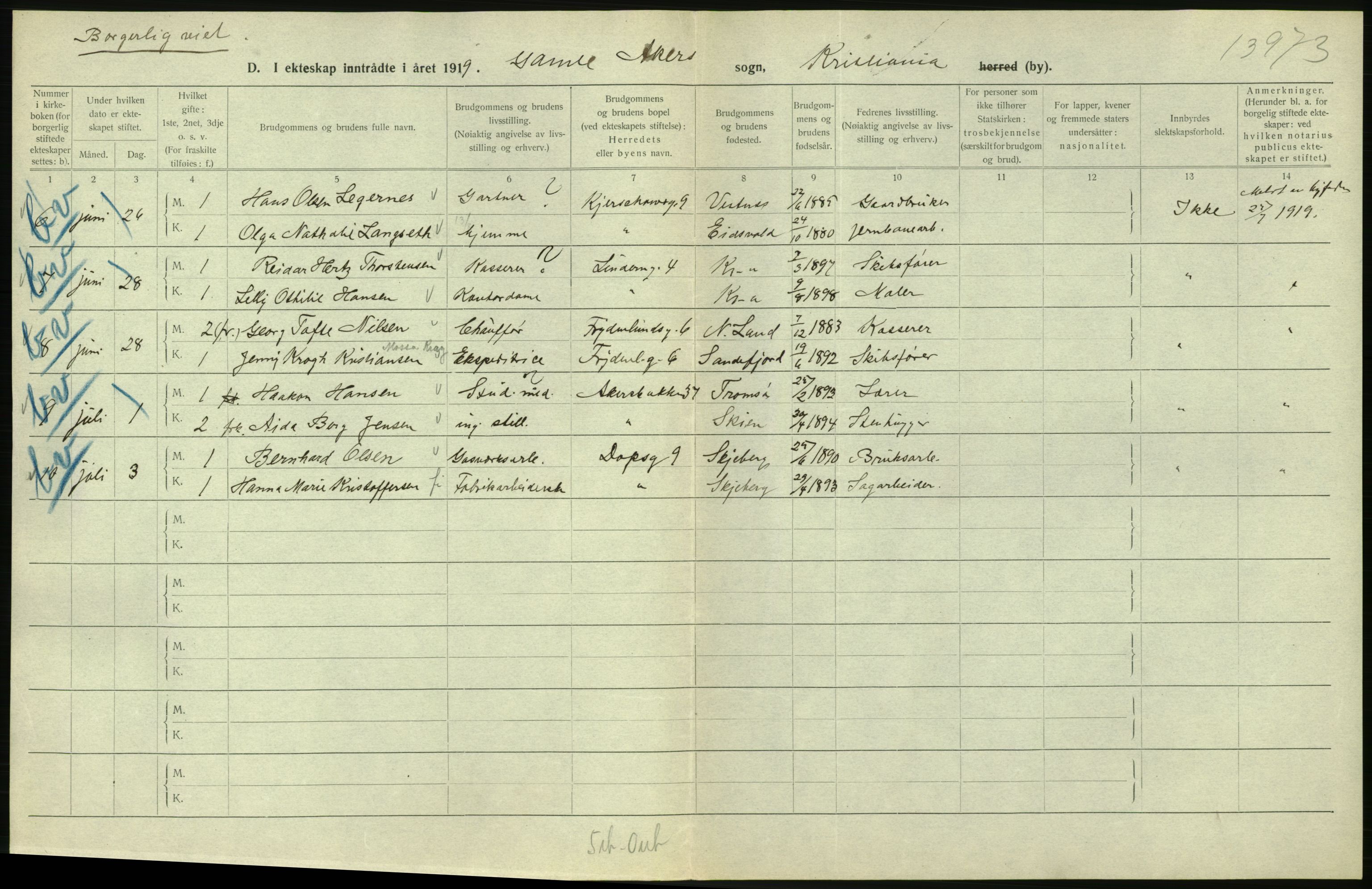 Statistisk sentralbyrå, Sosiodemografiske emner, Befolkning, RA/S-2228/D/Df/Dfb/Dfbi/L0009: Kristiania: Gifte, 1919, s. 324