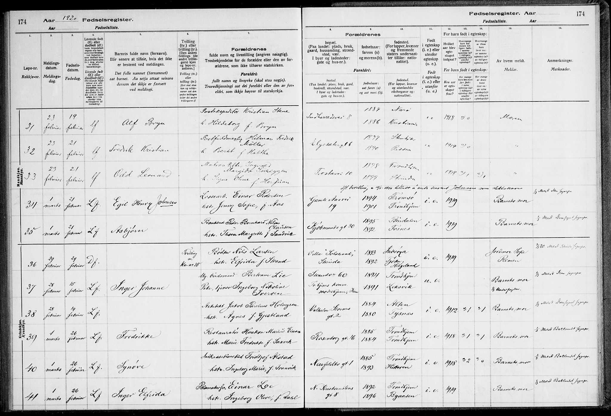 Ministerialprotokoller, klokkerbøker og fødselsregistre - Sør-Trøndelag, SAT/A-1456/600/L0002: Fødselsregister nr. 600.II.4.1, 1916-1920, s. 174