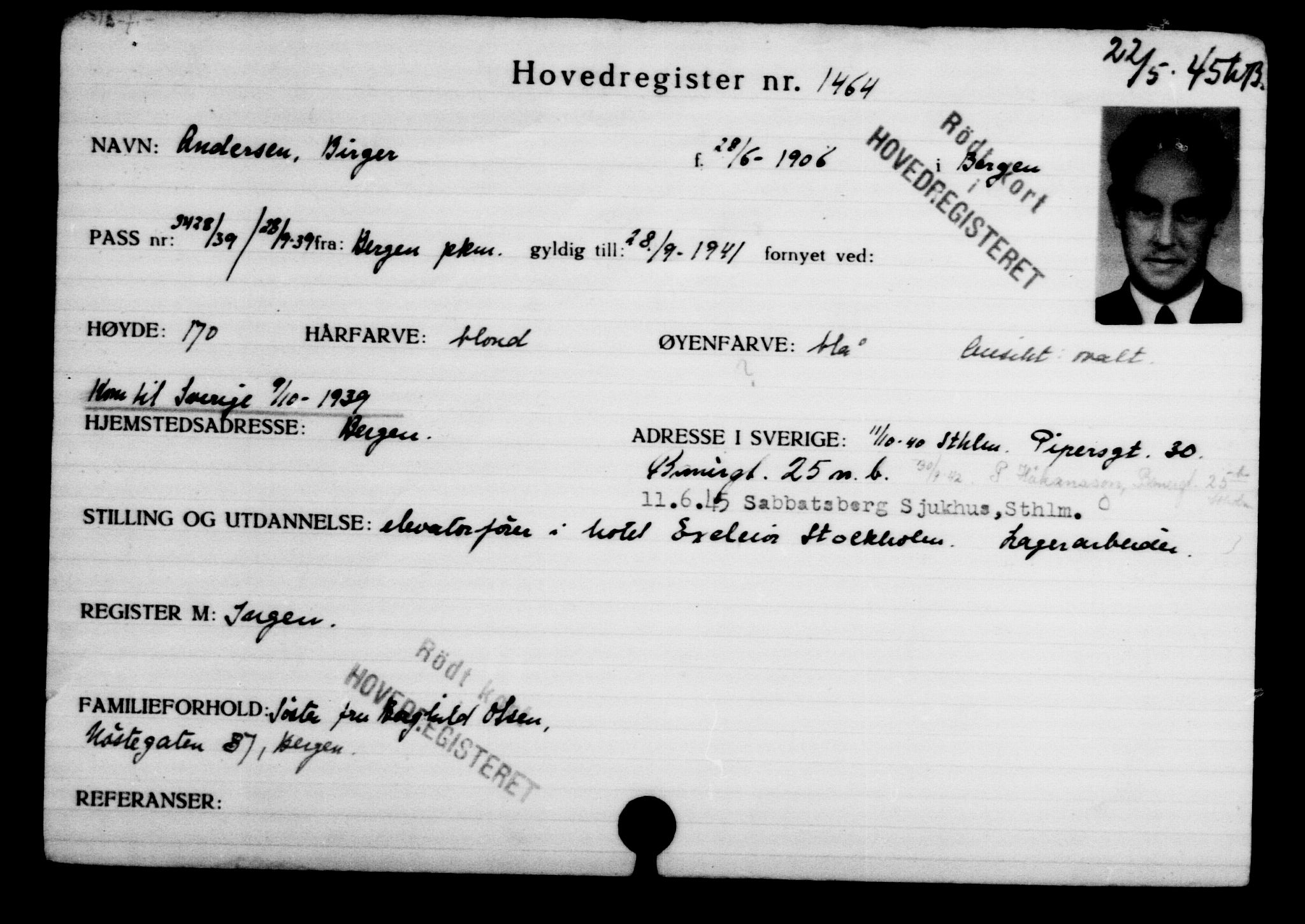 Utenriksstasjonene, Legasjonen i Stockholm, Flyktningkontoret, AV/RA-S-6753/V/Va/L0002: Kjesäterkartoteket, flyktninger med registreringsnr. 1001-2000, 1940-1945, s. 655