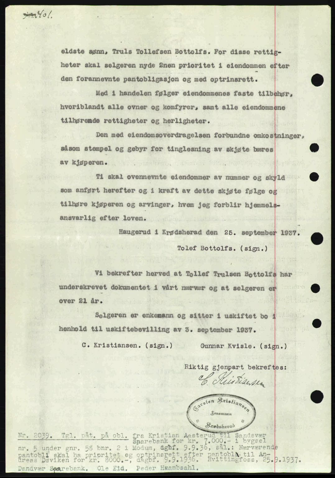 Eiker, Modum og Sigdal sorenskriveri, SAKO/A-123/G/Ga/Gab/L0036: Pantebok nr. A6, 1937-1937, Dagboknr: 2039/1937