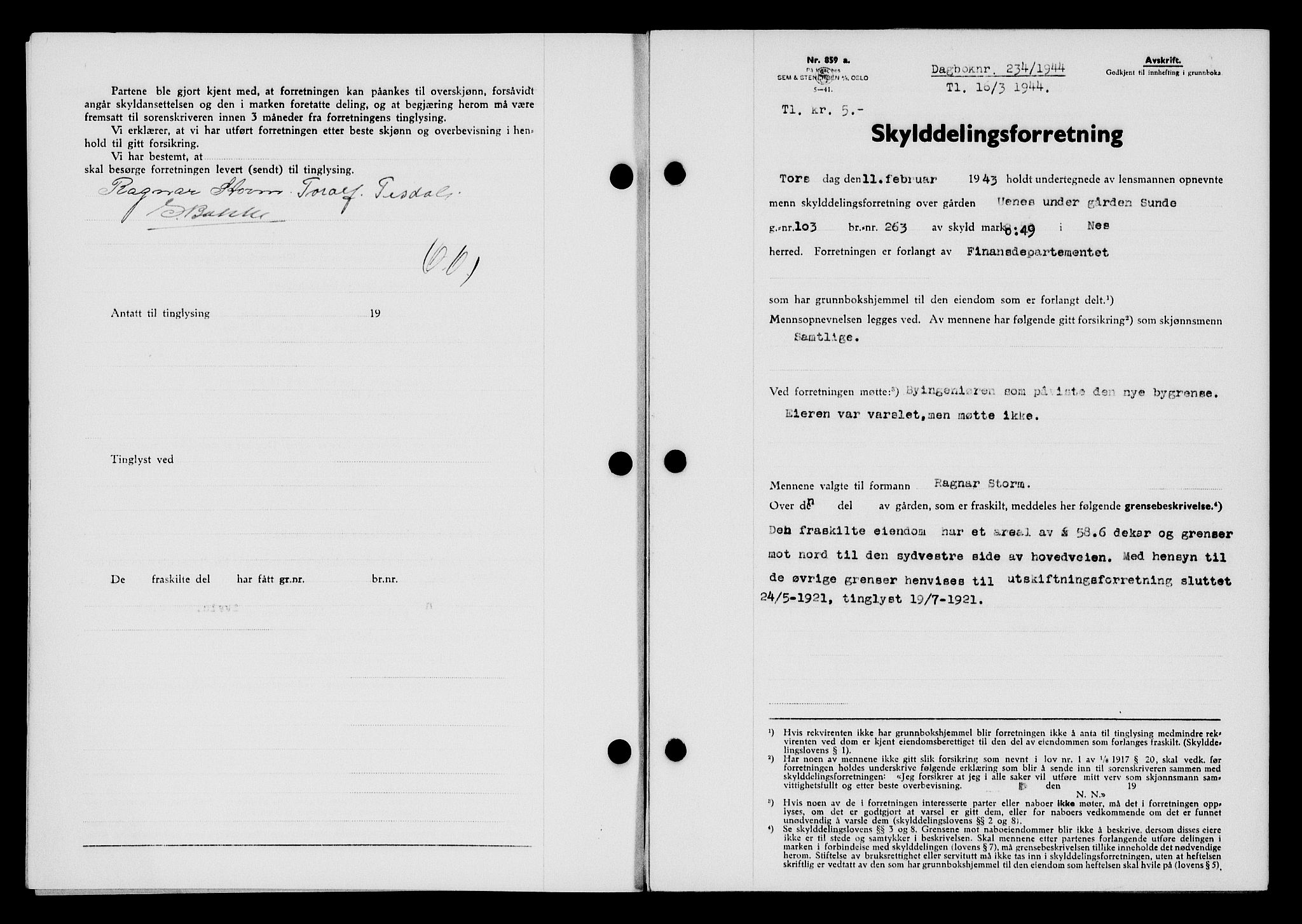 Flekkefjord sorenskriveri, SAK/1221-0001/G/Gb/Gba/L0059: Pantebok nr. A-7, 1944-1945, Dagboknr: 234/1944