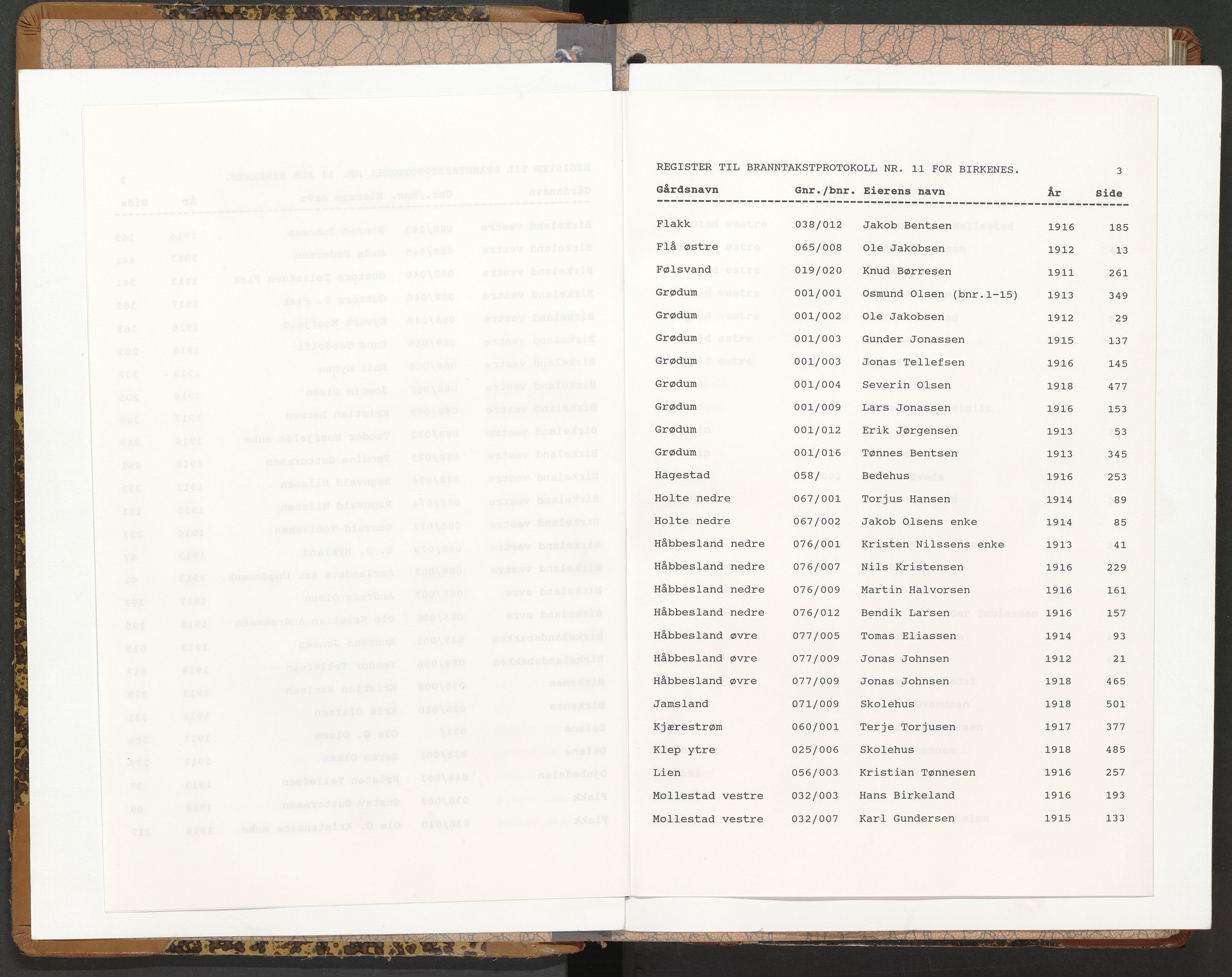 Norges Brannkasse Birkenes, AV/SAK-2241-0005/F/Fa/L0011: Branntakstprotokoll nr. 11 med gårdsnavnregister, 1911-1918