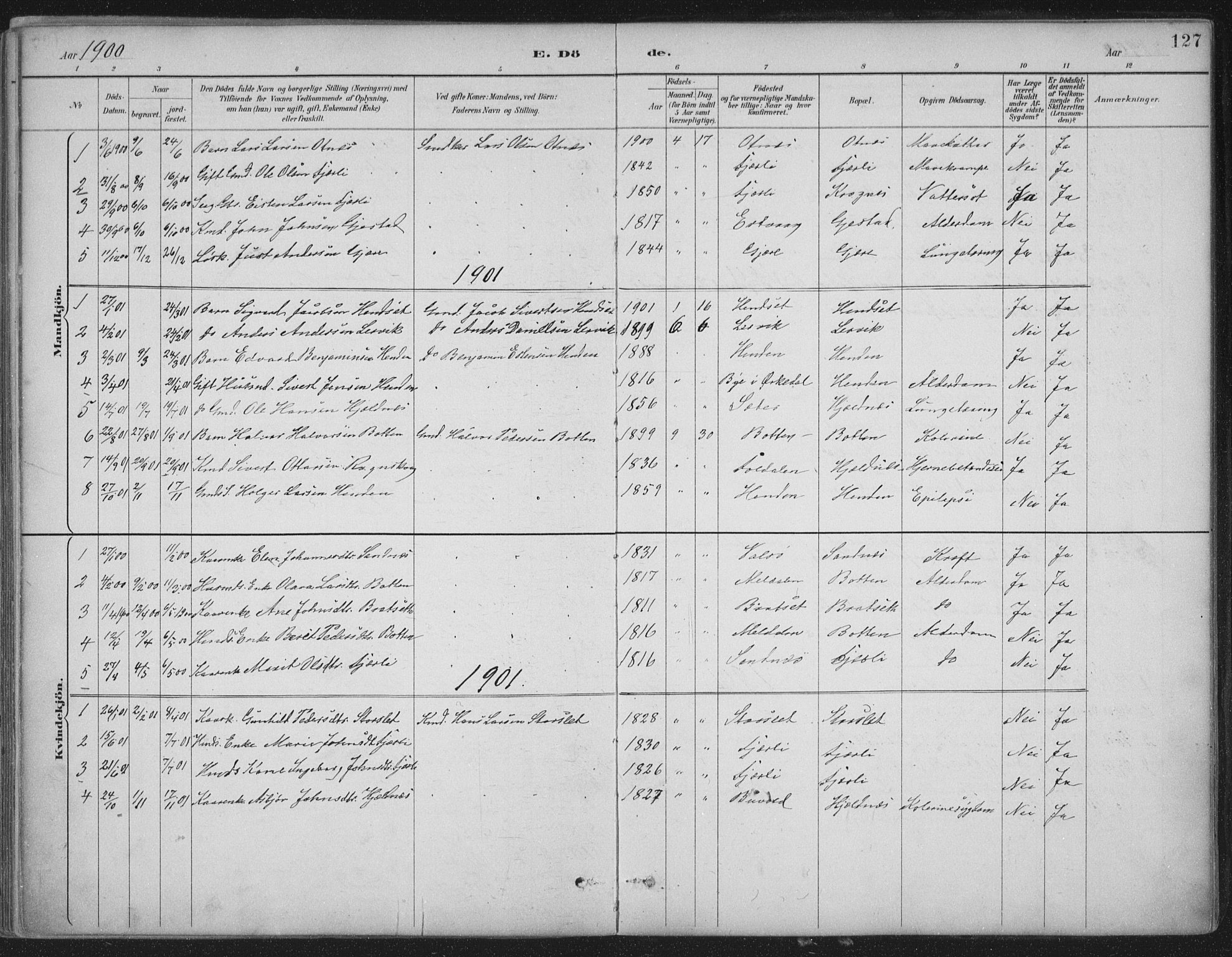 Ministerialprotokoller, klokkerbøker og fødselsregistre - Møre og Romsdal, AV/SAT-A-1454/580/L0925: Ministerialbok nr. 580A02, 1888-1913, s. 127