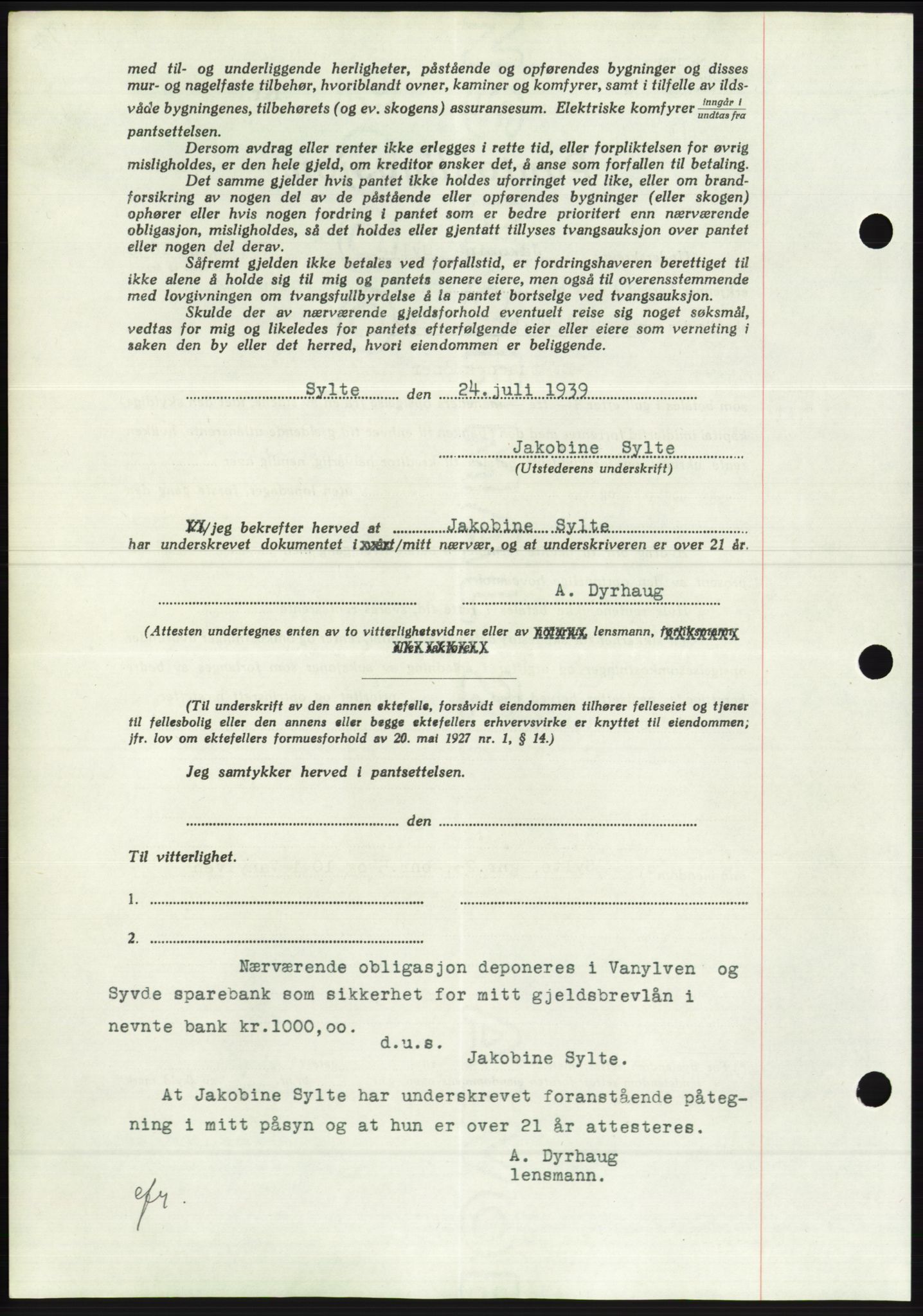 Søre Sunnmøre sorenskriveri, AV/SAT-A-4122/1/2/2C/L0068: Pantebok nr. 62, 1939-1939, Dagboknr: 1156/1939