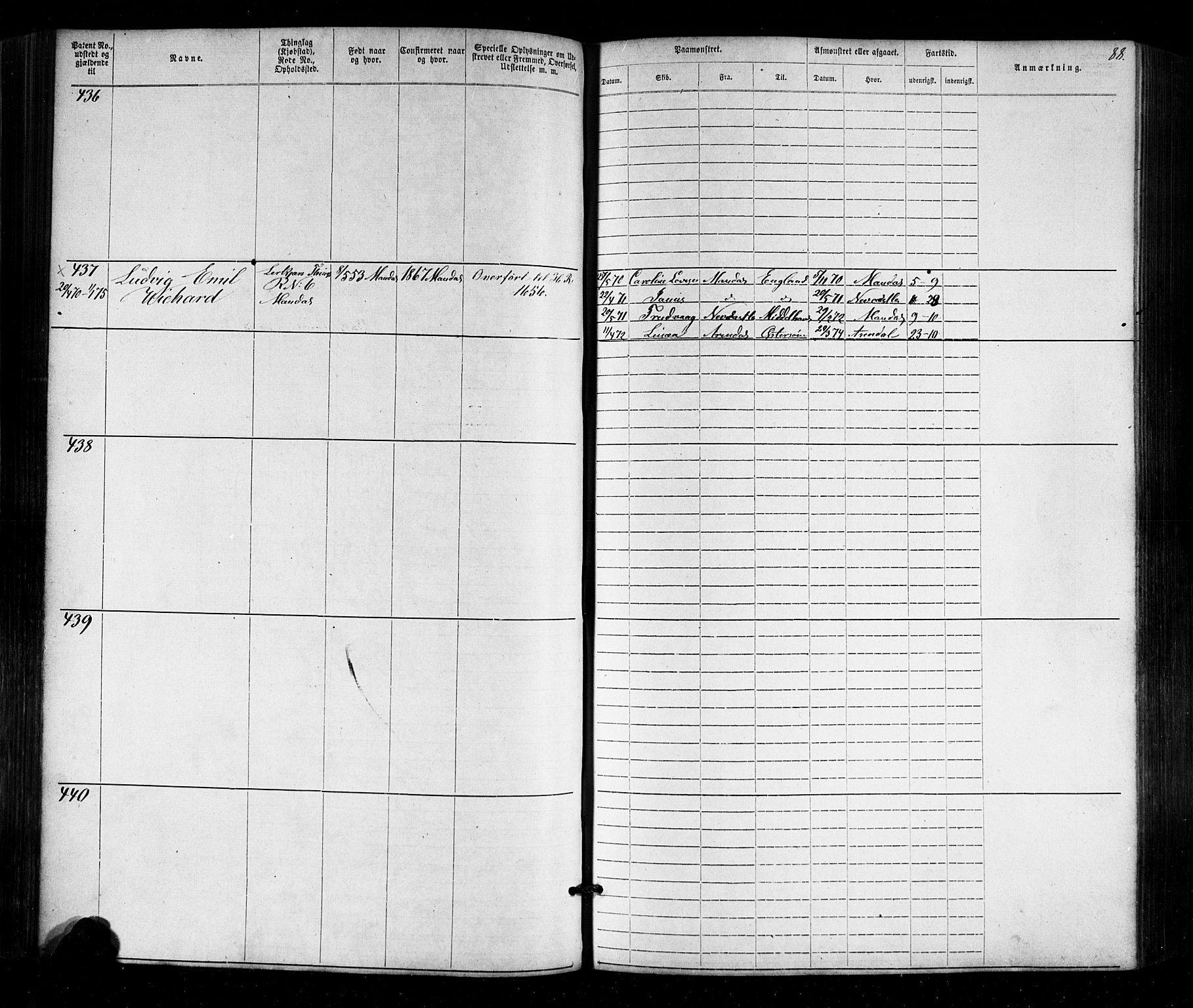 Mandal mønstringskrets, SAK/2031-0016/F/Fa/L0005: Annotasjonsrulle nr 1-1909 med register, Y-15, 1868-1880, s. 120