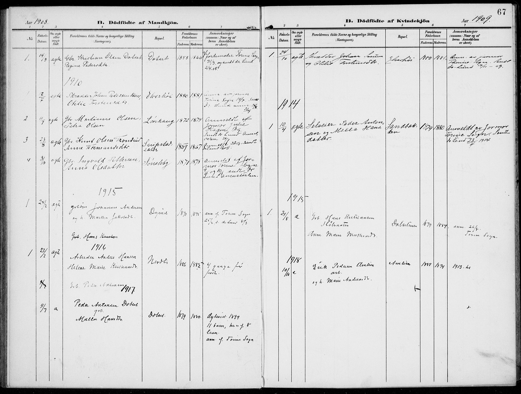 Kolbu prestekontor, SAH/PREST-110/H/Ha/Haa/L0001: Ministerialbok nr. 1, 1907-1923, s. 67