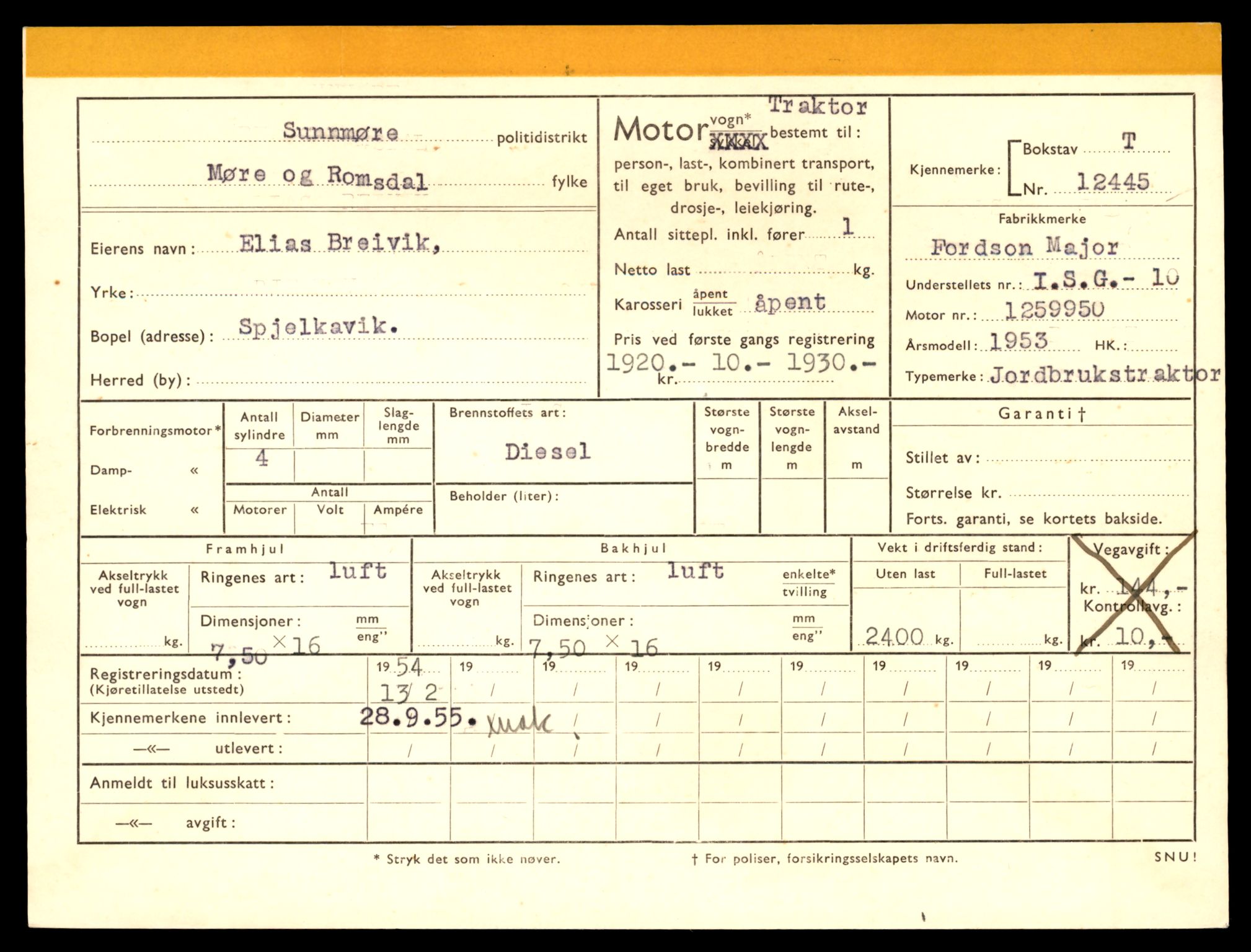 Møre og Romsdal vegkontor - Ålesund trafikkstasjon, AV/SAT-A-4099/F/Fe/L0033: Registreringskort for kjøretøy T 12151 - T 12474, 1927-1998, s. 3311