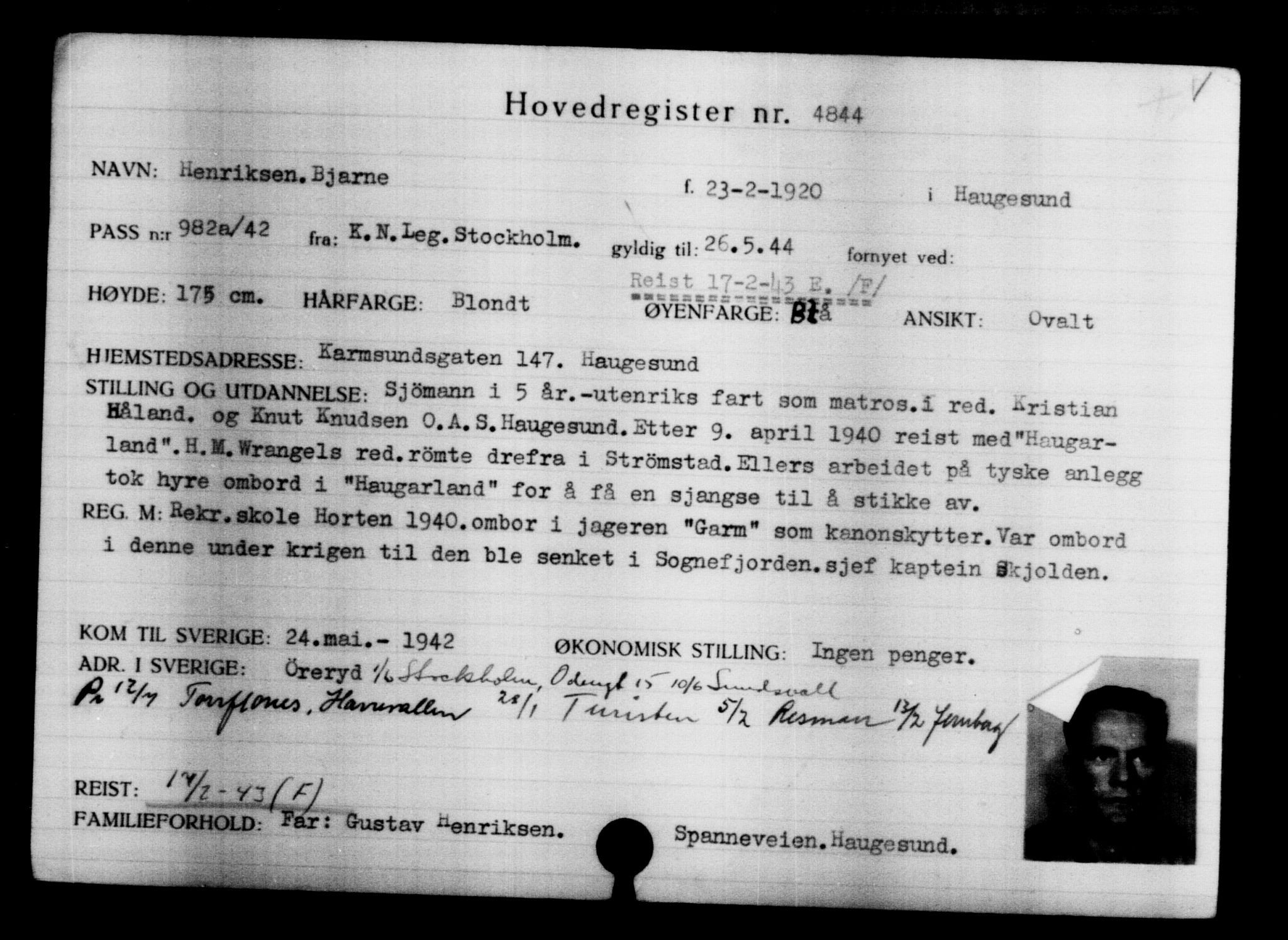 Utenriksstasjonene, Legasjonen i Stockholm, Flyktningkontoret, AV/RA-S-6753/V/Va/L0004: Kjesäterkartoteket, flyktninger med registreringsnr. 3496-6610, 1940-1945, s. 1599