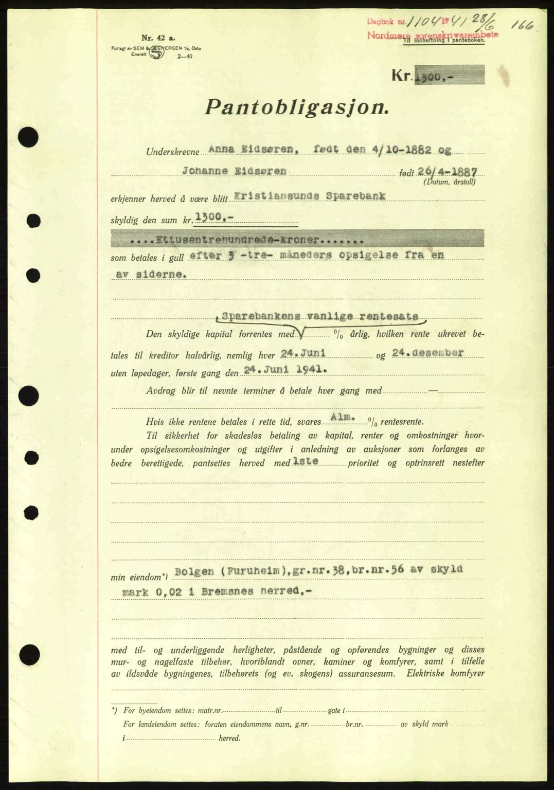 Nordmøre sorenskriveri, SAT/A-4132/1/2/2Ca: Pantebok nr. B88, 1941-1942, Dagboknr: 1104/1941