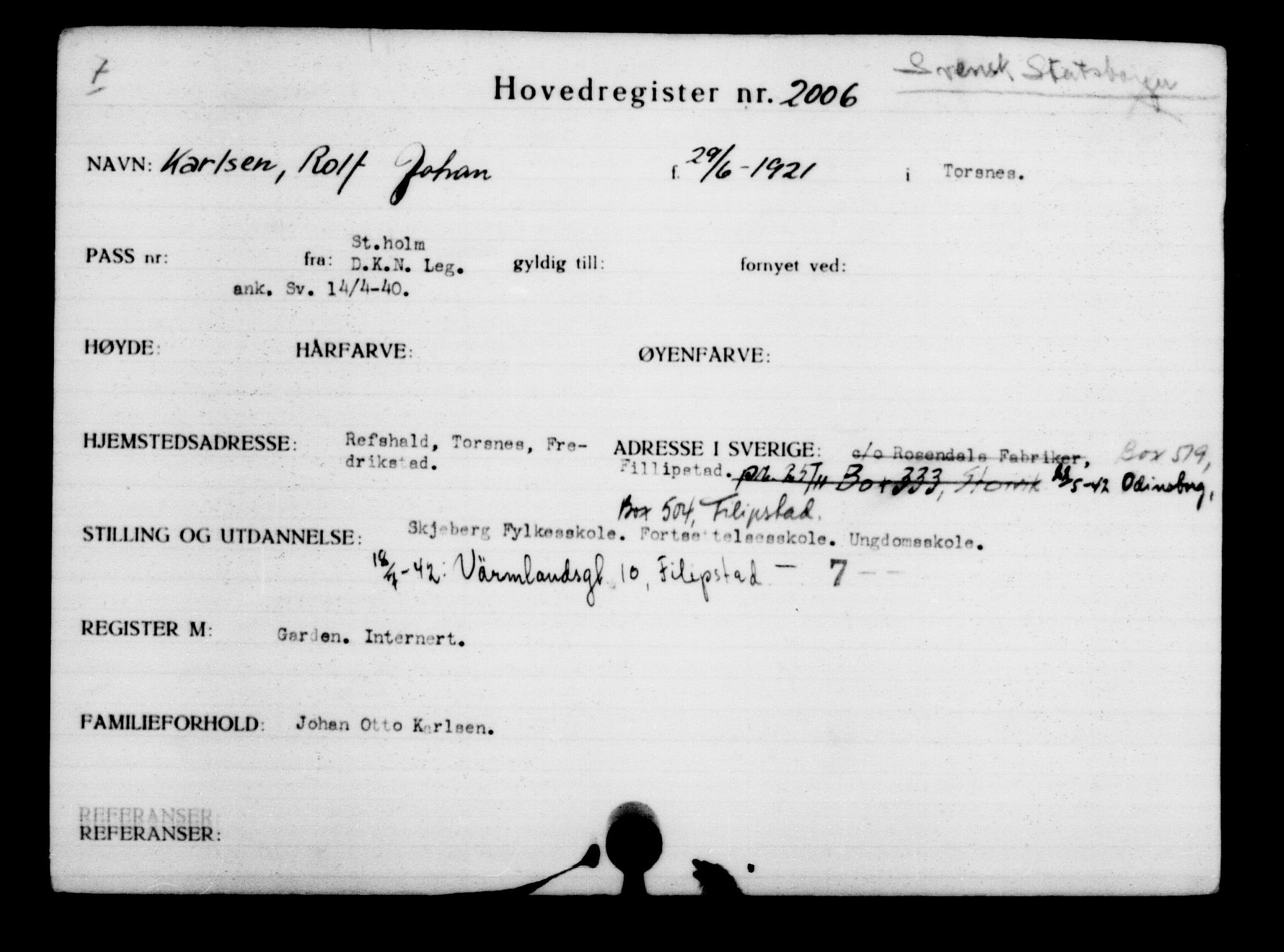 Utenriksstasjonene, Legasjonen i Stockholm, Flyktningkontoret, AV/RA-S-6753/V/Va/L0003: Kjesäterkartoteket, flyktninger med registreringsnr. 2001-3495, 1940-1945, s. 8