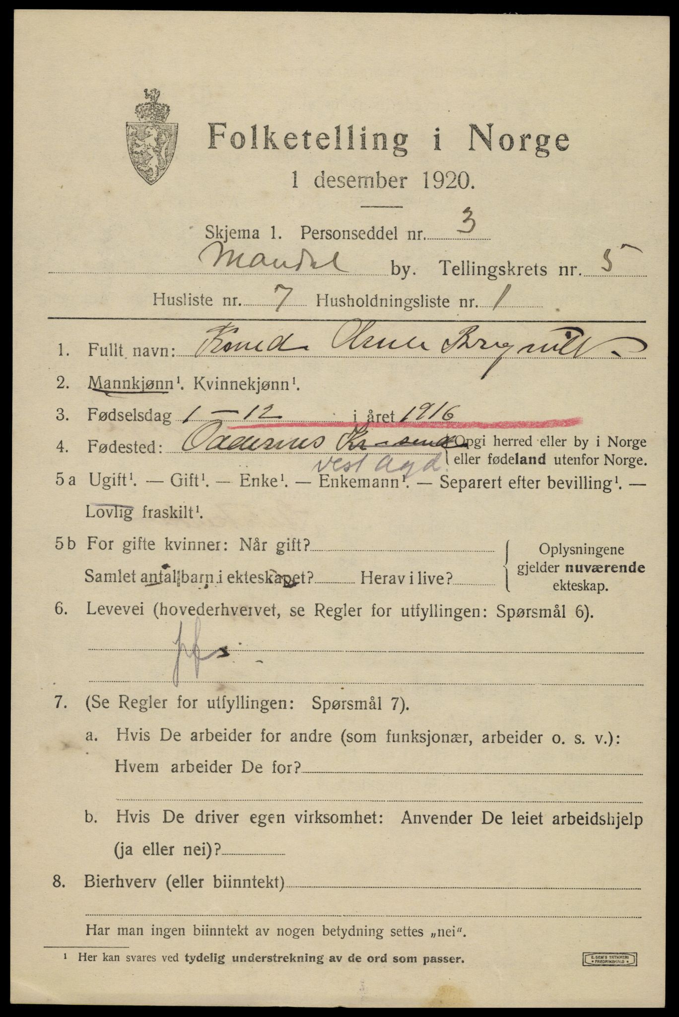 SAK, Folketelling 1920 for 1002 Mandal ladested, 1920, s. 8269