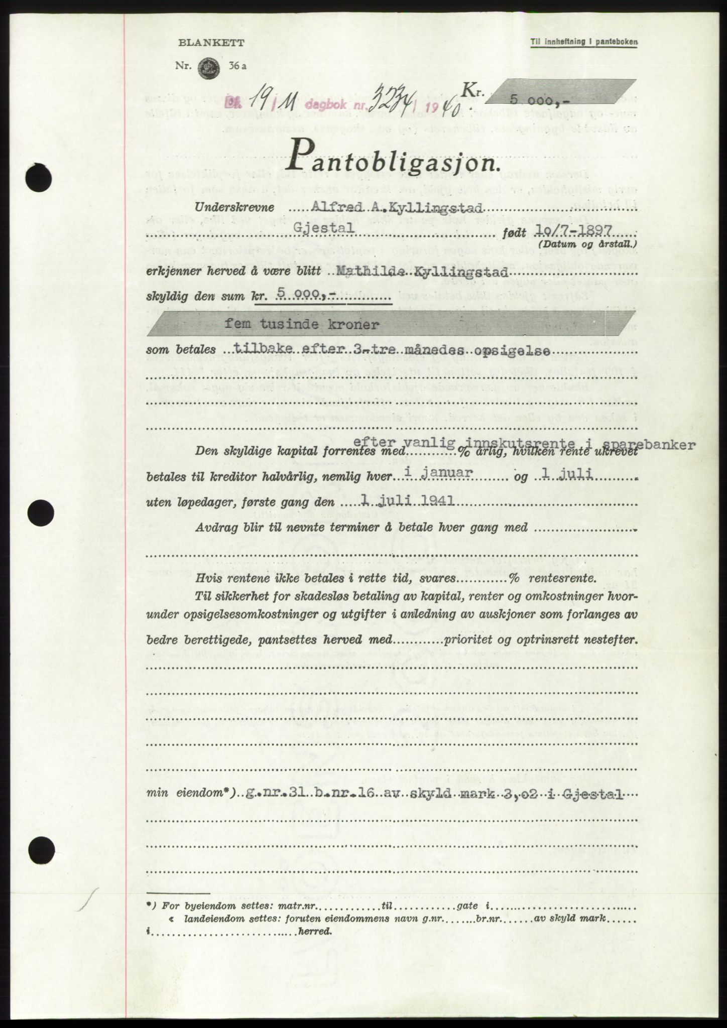 Jæren sorenskriveri, SAST/A-100310/03/G/Gba/L0078: Pantebok, 1940-1940, Dagboknr: 3234/1940