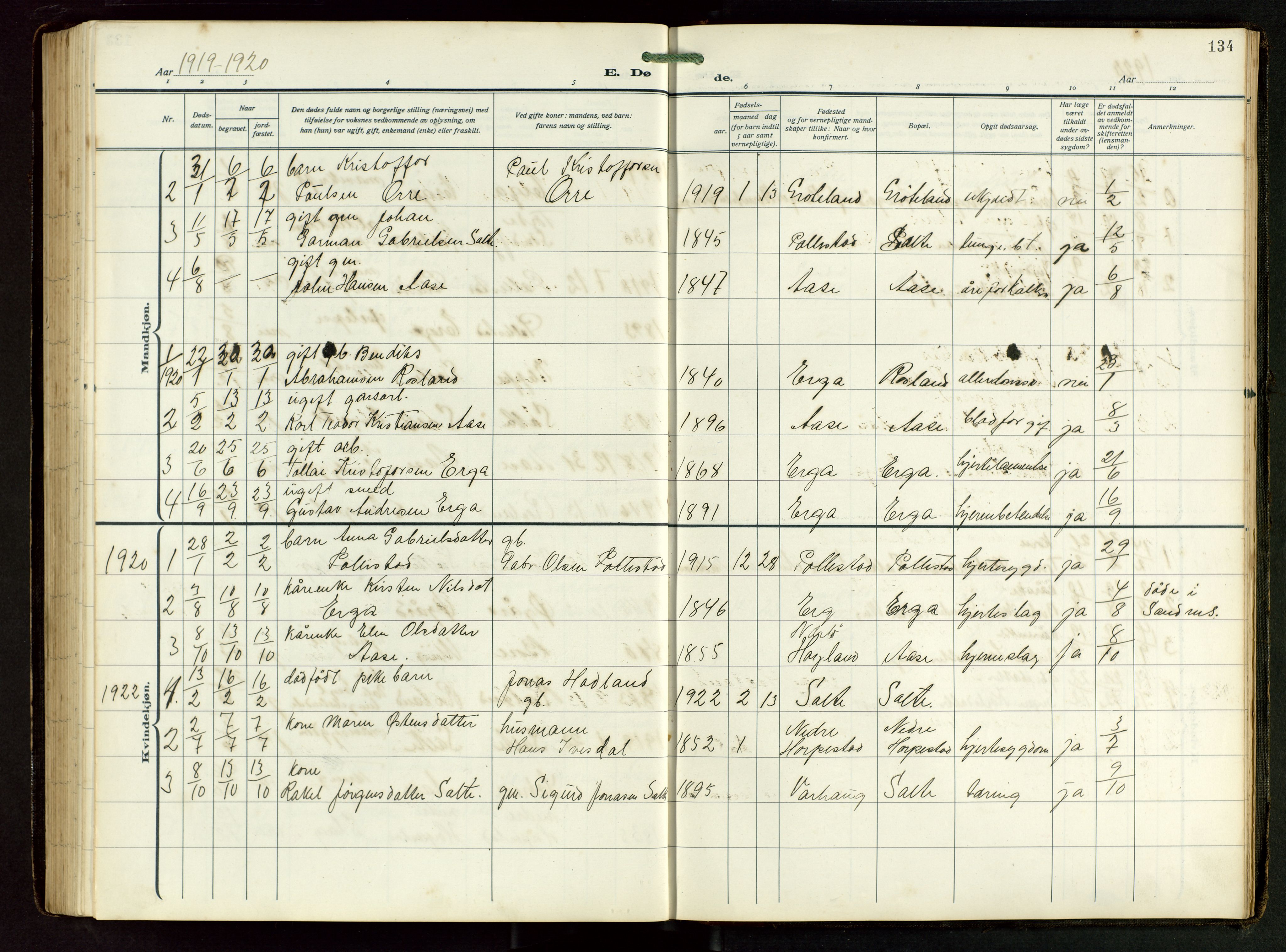 Klepp sokneprestkontor, SAST/A-101803/001/3/30BB/L0008: Klokkerbok nr. B 8, 1918-1949, s. 134