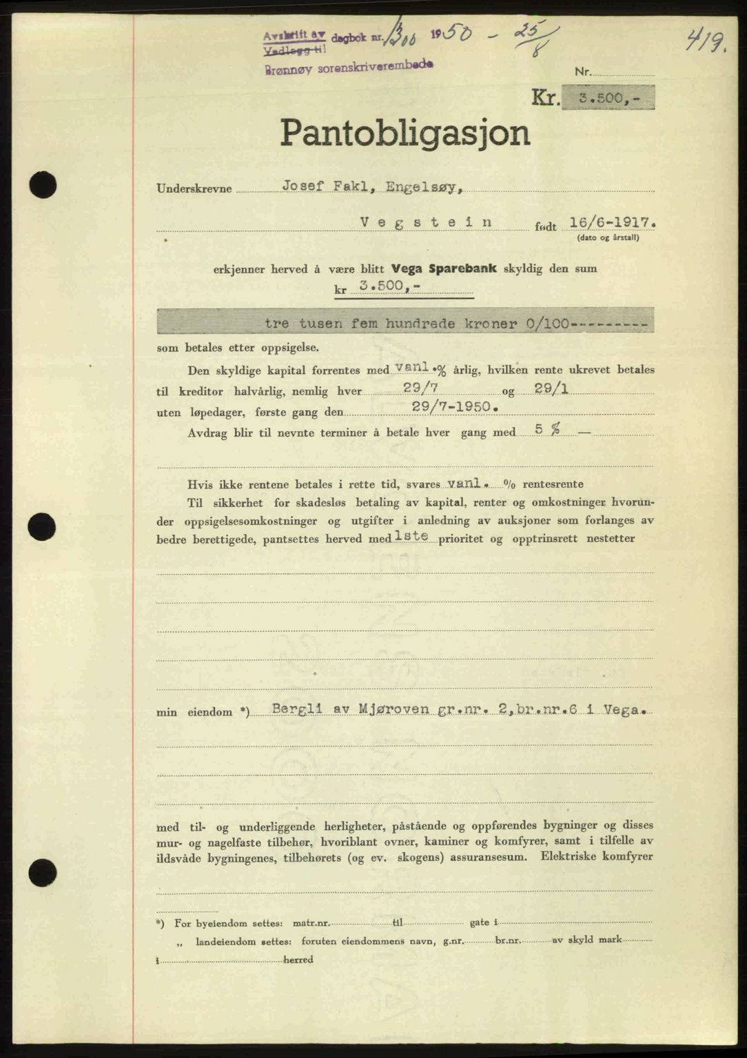 Brønnøy sorenskriveri, SAT/A-4170/1/2/2C: Pantebok nr. 36, 1950-1950, Dagboknr: 1300/1950