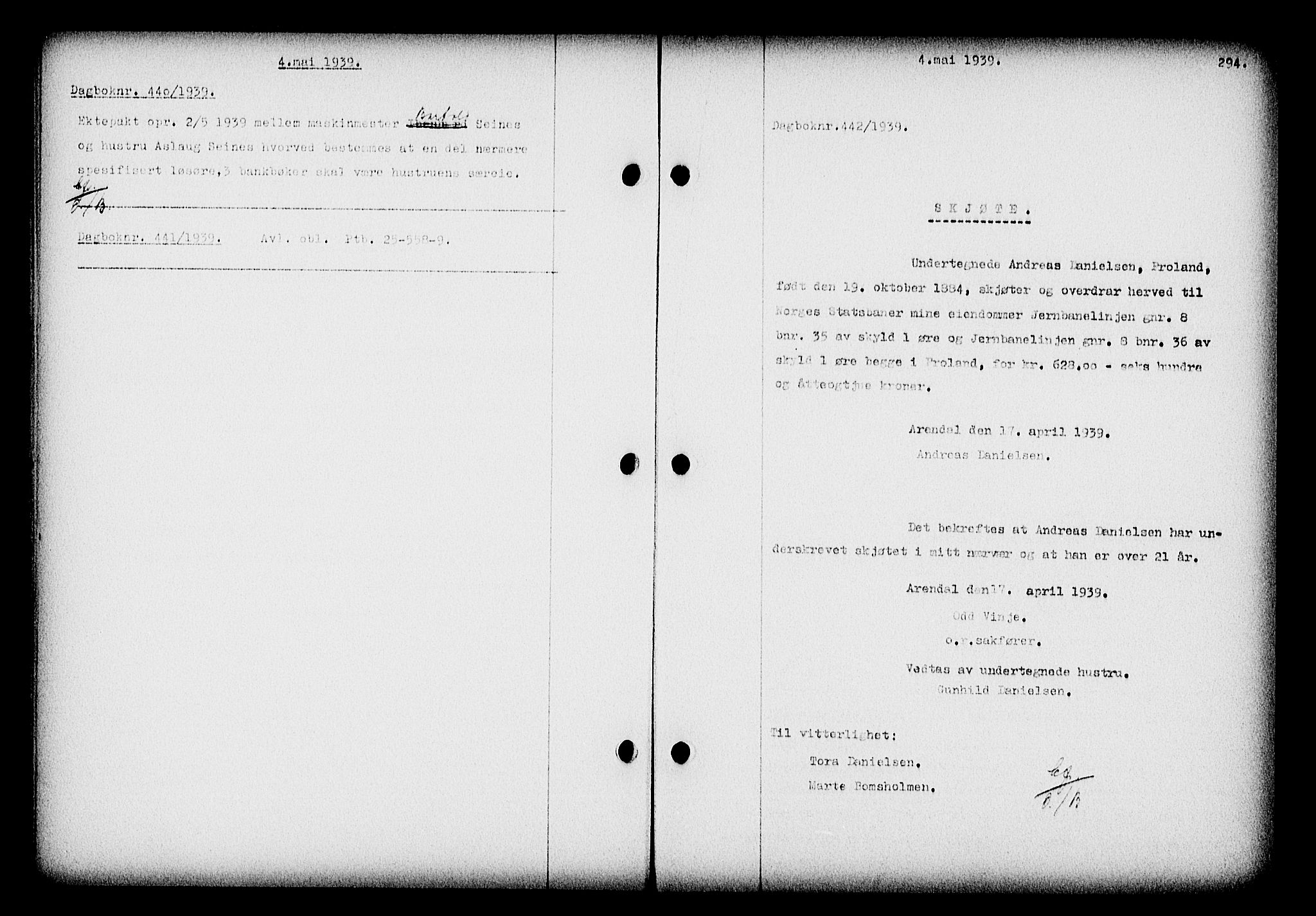 Nedenes sorenskriveri, SAK/1221-0006/G/Gb/Gba/L0046: Pantebok nr. 42, 1938-1939, Dagboknr: 442/1939