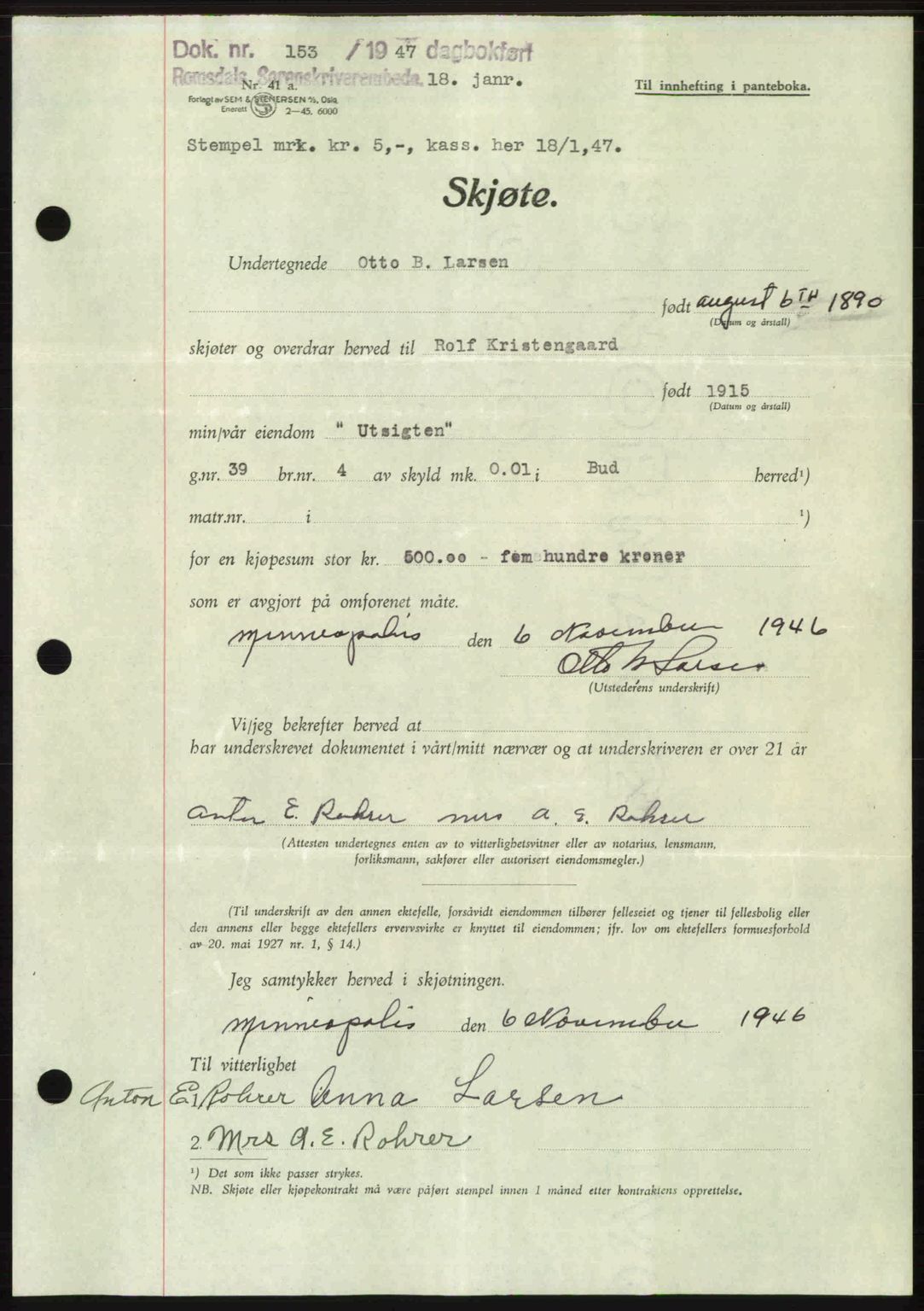 Romsdal sorenskriveri, SAT/A-4149/1/2/2C: Pantebok nr. A22, 1947-1947, Dagboknr: 153/1947
