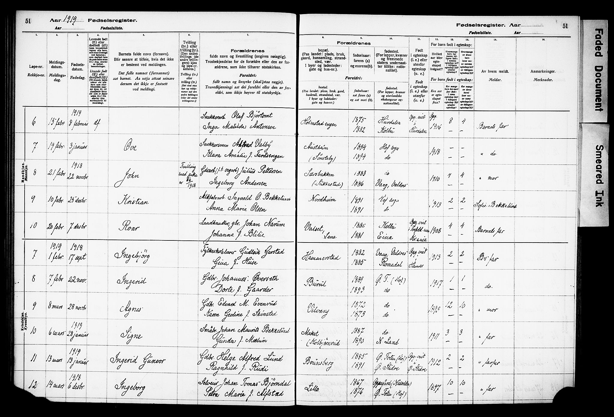 Østre Toten prestekontor, AV/SAH-PREST-104/I/Id/L0001/0001: Fødselsregister nr. 1.1, 1916-1928, s. 51